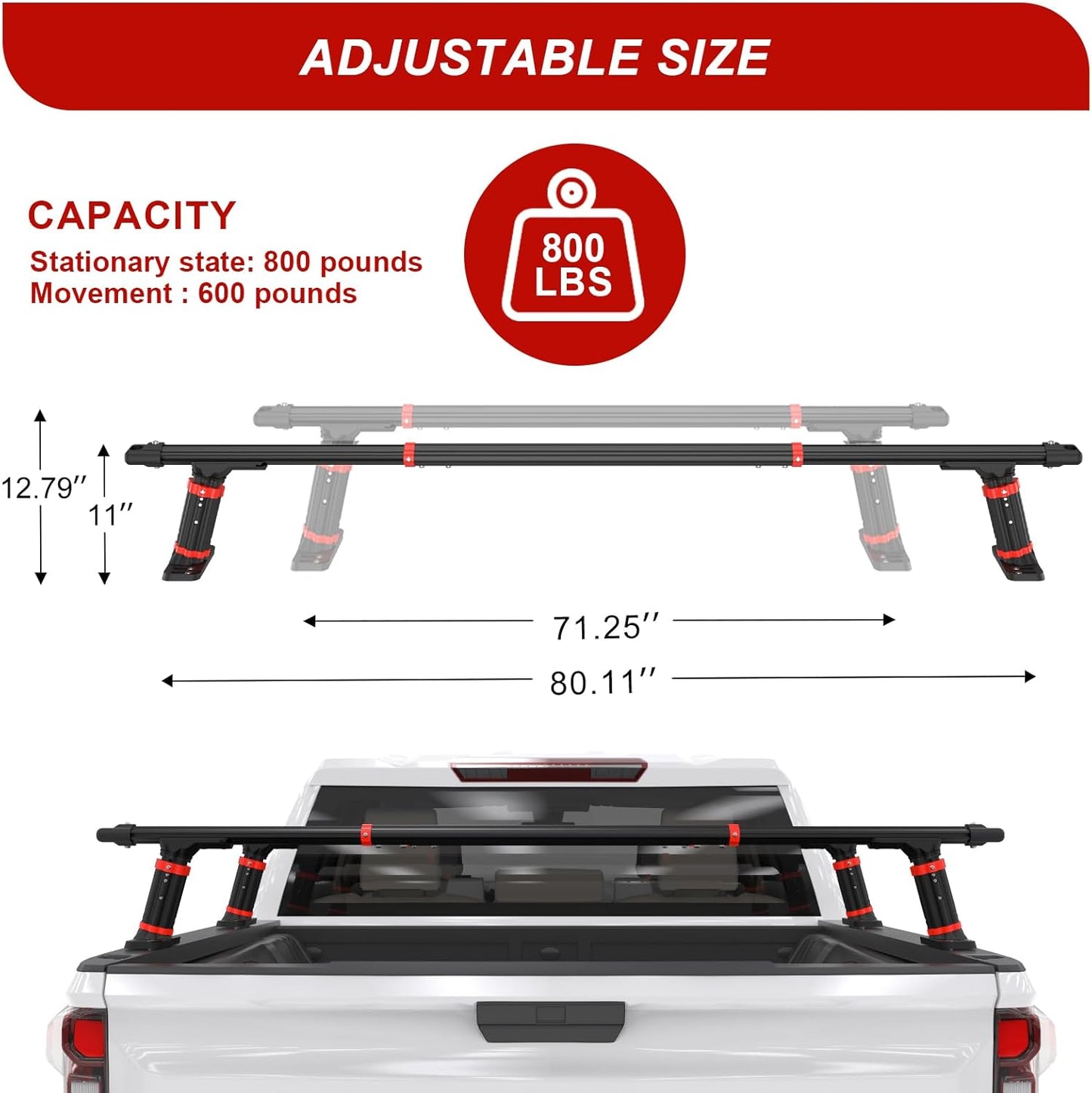 Truck Bed Rack, Aluminum Truck Bed Crossbars for Pick Up Truck with 800lbs Capacity, Adjustable Universal Truck Ladder