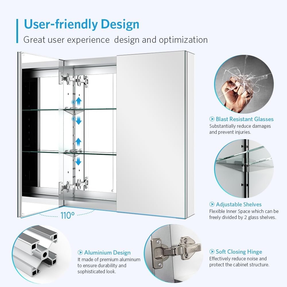 Aluminum Medicine Cabinet with 2 Doors Recessed or Surface Mount Bathroom Mirror Cabinets 24x26 Inch, Silver