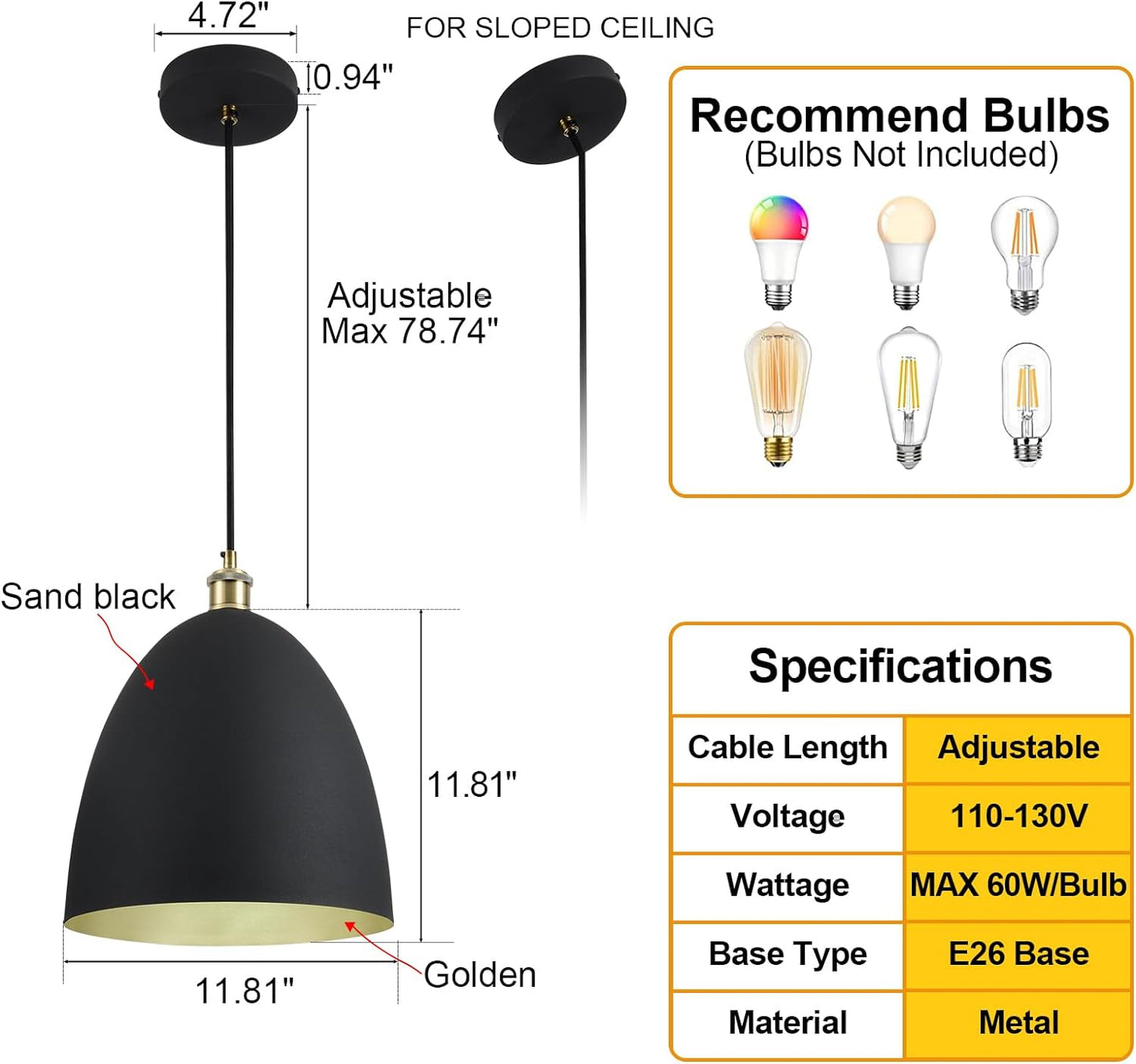 2 Pack 11.8" Diameter Modern Minimalist Black and Gold Pendant Lights - Suitable for a Variety of Styles and Scenes