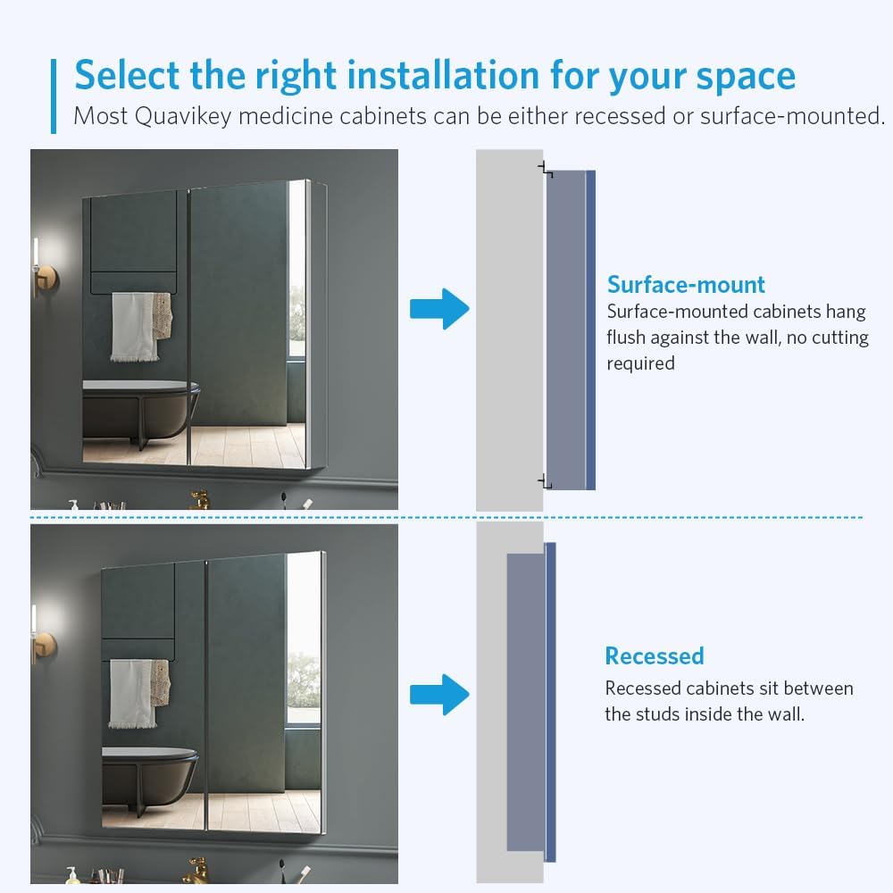 Aluminum Medicine Cabinet with 2 Doors Recessed or Surface Mount Bathroom Mirror Cabinets 24x26 Inch, Silver