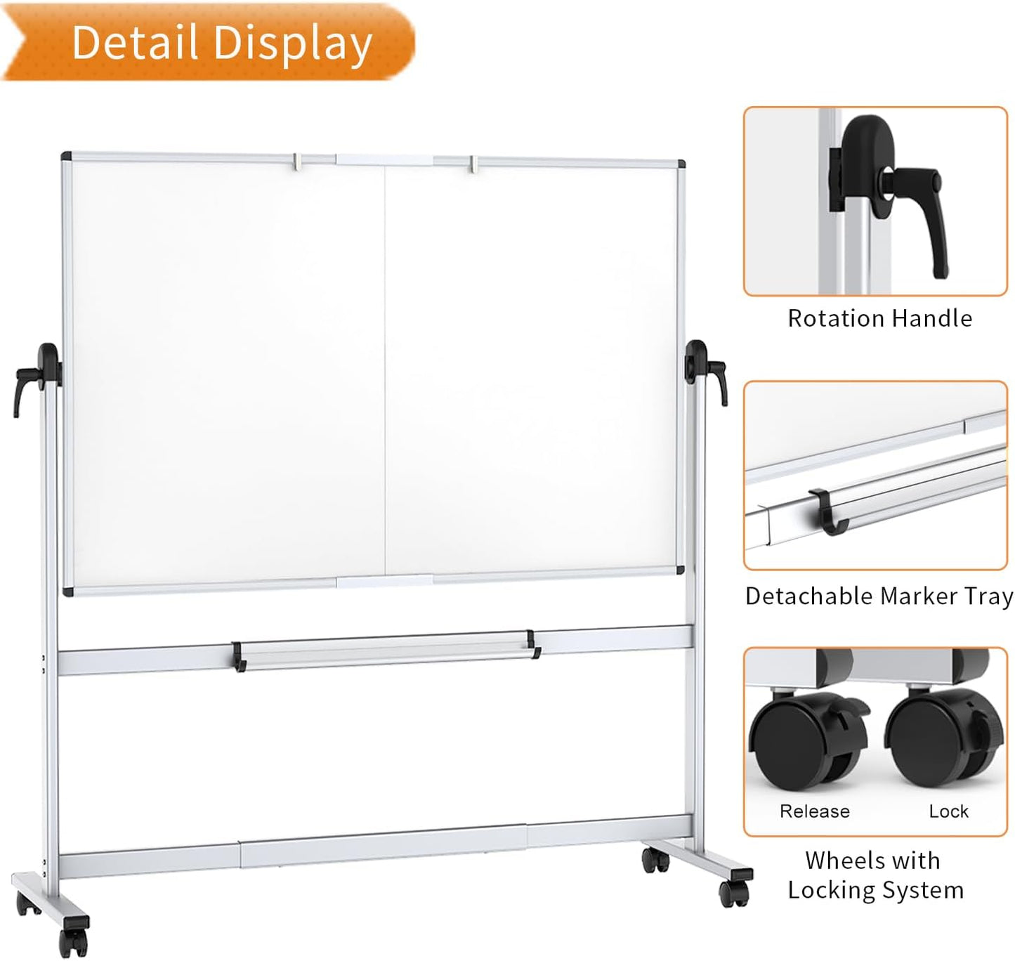 Double-Sided Mobile Dry-Erase Whiteboard, 72 x 40 Inches, Magnetic Rolling with Aluminium Frame and Stand