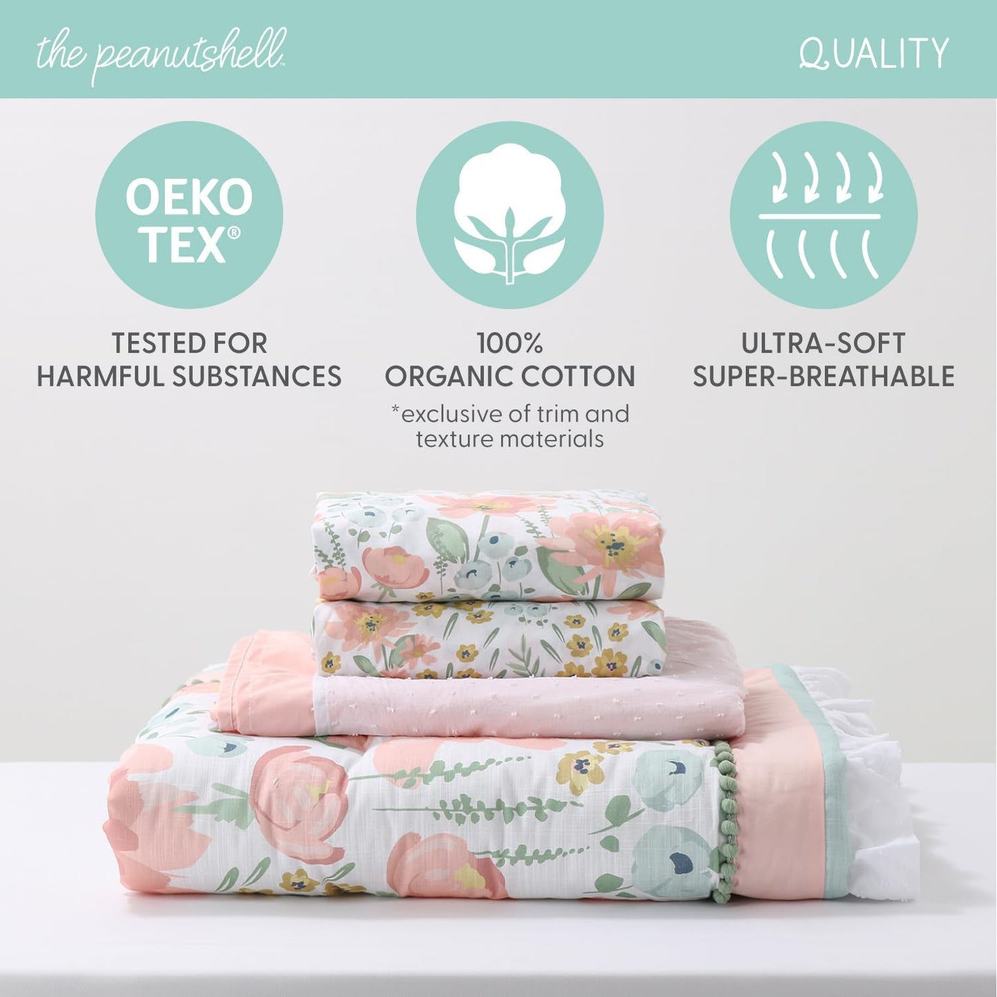The Peanutshell Floral Crib Bedding Set for Baby Girls, 4pc Organic Cotton Crib Comforter Set, Wildflower Nursery Decor, Pink Mint Green