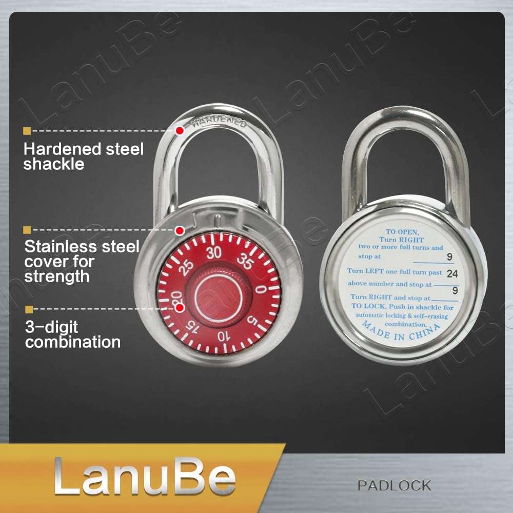 LanuBe Standard Dial Combination Lock, 2 in. Wide, with Different Combinations, Red Turnplate, Pack of 60; Lock for School, Employee, Gym Sports