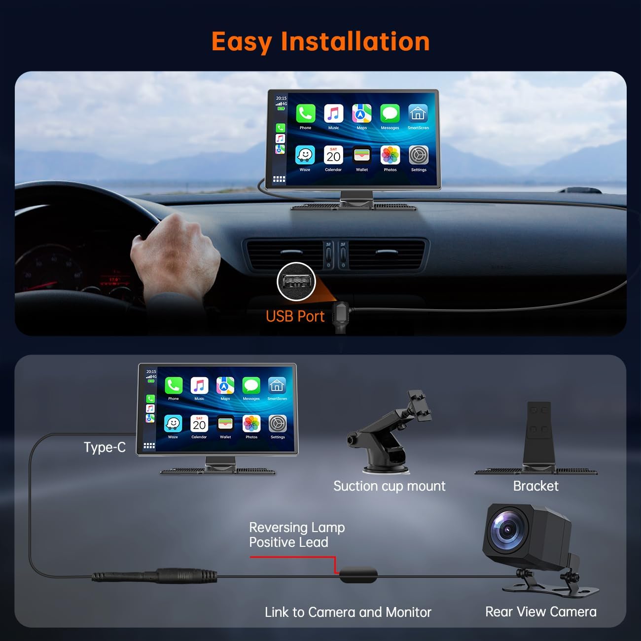 9 Inch Wireless Car Stereo with Apple Carplay, Android Auto,4K Dash Cam, 1080p Backup Camera