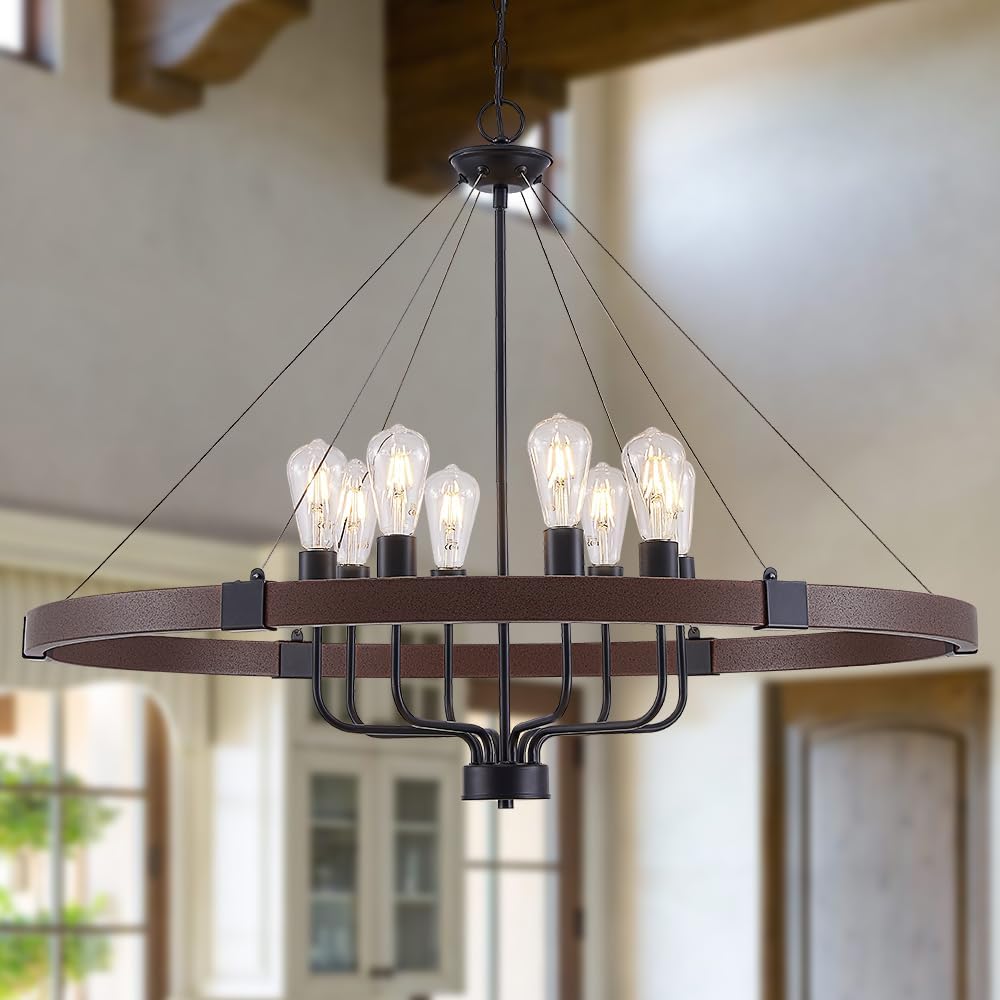 LIZZTREE 8-Light Large Farmhouse Chandelier D39.3, Wagon Wheel Chandelier Rustic Country Style Round Pendant Light Fixture for Dining Room, Kitchen