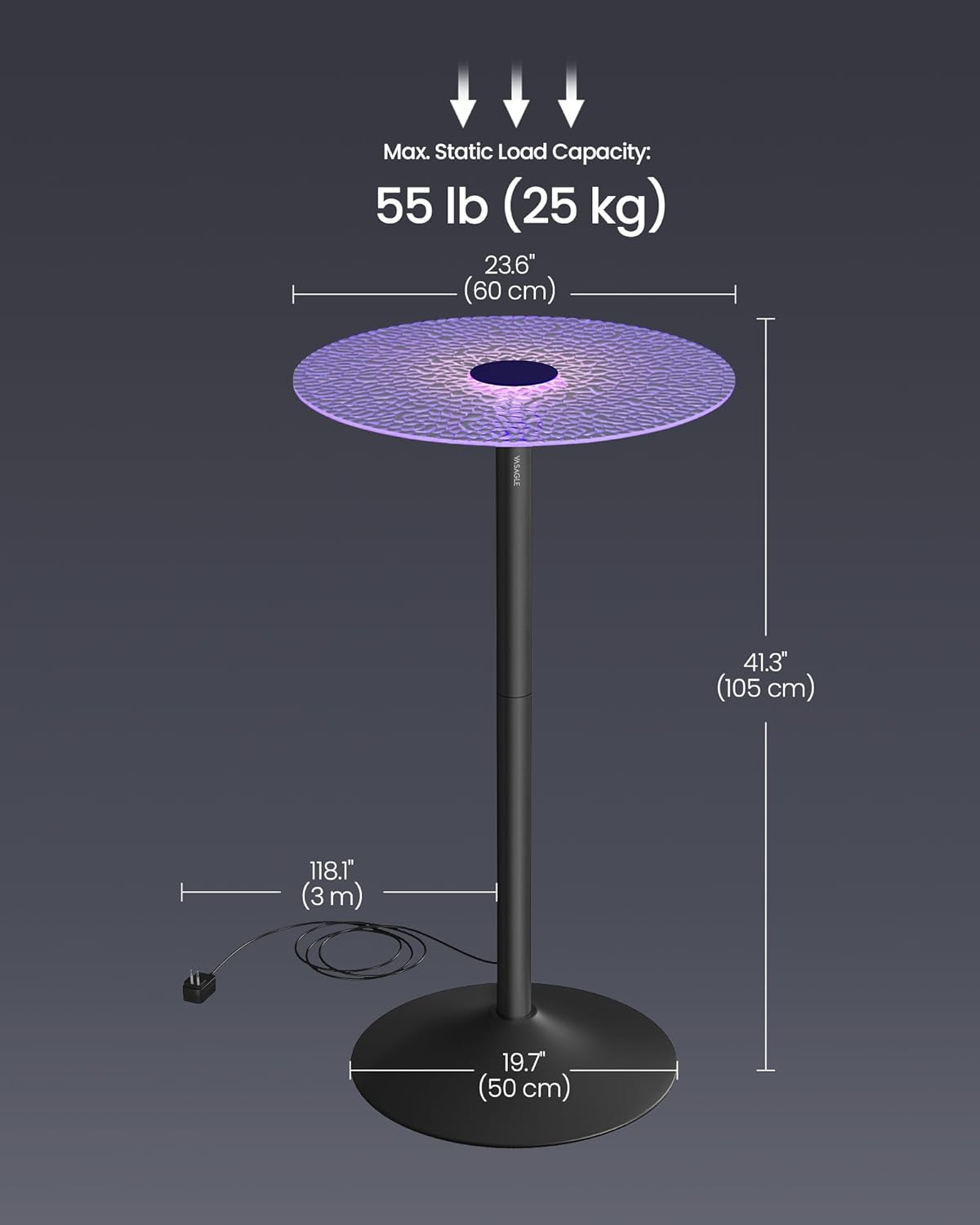 VASAGLE Bar Table, Round Cocktail Table with Multi-Colored Lights and Glass Top, Large Steel Base, 41.3 Inches Tall Pub Table for Ki