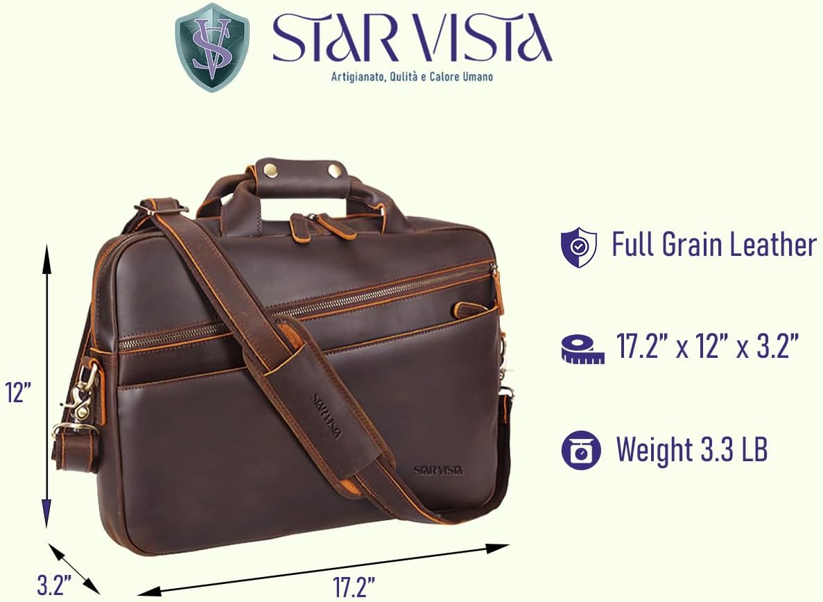 STAR VISTA Tortona 17 inches Laptop Messenger Bag, Full Grain Leather Briefcase for Men, Women, Business Travel, YKK Zippers and Brass Hardware