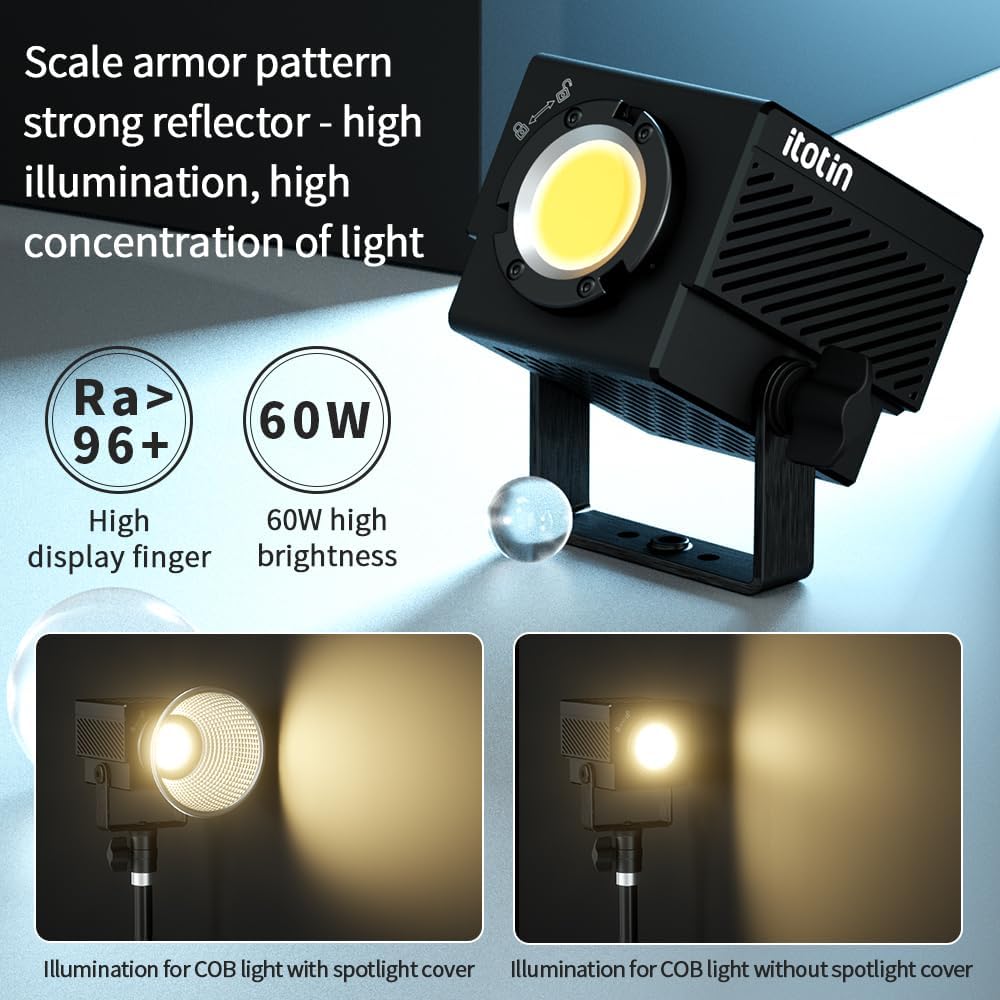 Bi-Color LED Video Light, Portable 60W COB Continuous Output Lighting, CRI96, TLCI97, 2.4G/ BT App Control, 12V DC/PD Power Supply for Studio