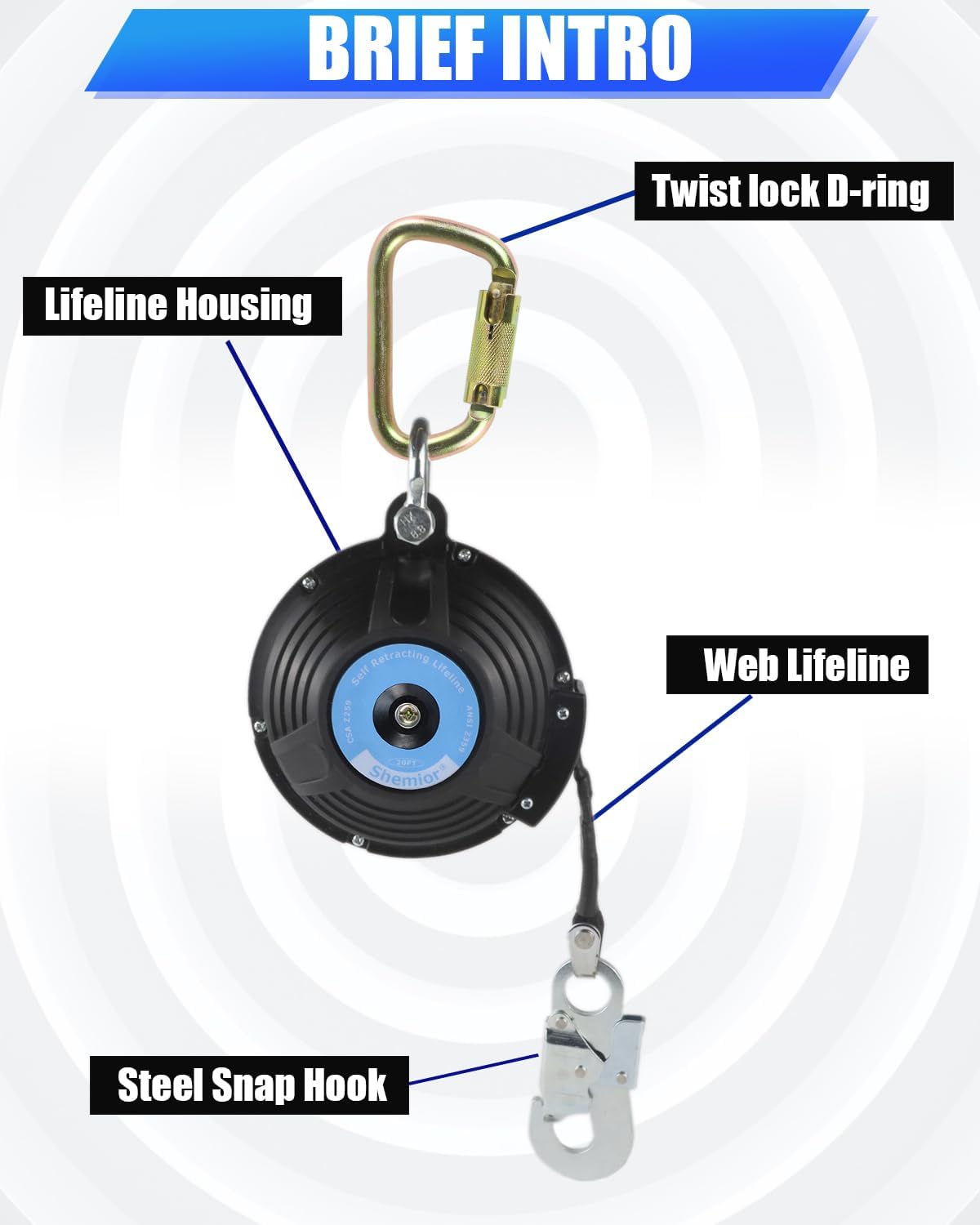 20 FT Self Retracting Lifeline Shemior Lightweight Housing Web SRL Rectracting Lifeline ANSI Self Retractable Fall Arrest Protecti