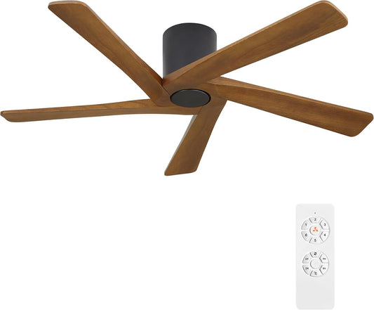 54 Inch Flush Mount DC Ceiling Fan without Lights, 5 Reversible Carved Wood Blades, 6-Speed Noiseless DC Motor, Hugger Ceiling Fan No Lights in Matte