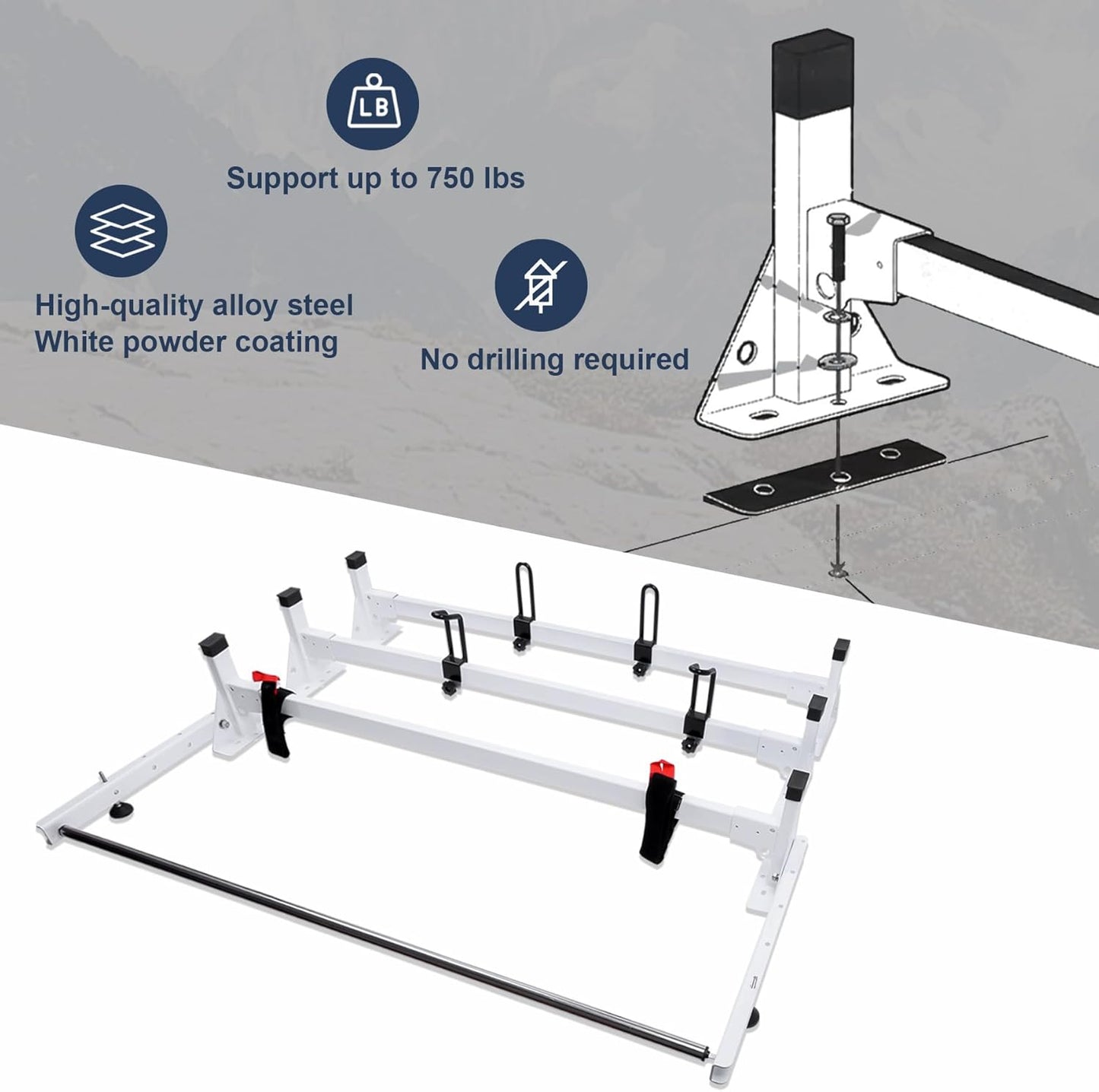 Vanhoxcci Cargo Van Roof Ladder Rack Fit for 2015-2023 Ford Transit 150 250 350 with Rear Cargo Roller 750LB Steel White