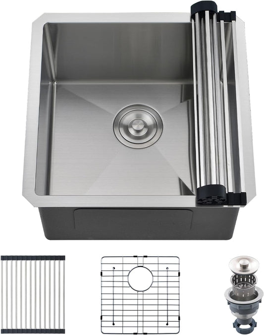 EcoChannels Undermount Kitchen Sink, 18 x 18 x 10 Inch Single Bowl Bar Sink 16 Gauge T-304 Stainless Steel Kitchen Sinks with Accessories (Stainless