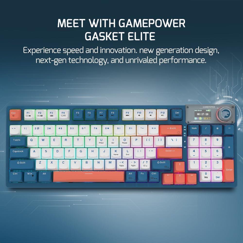 Gasket Elite Triple Mode Mechanical Gaming Keyboard - 95 Keys, Knob Switch, 4000mah, 60M Clicky Blue switches, Wired/2.4G/Bluetooth 5.1, RGB Backl