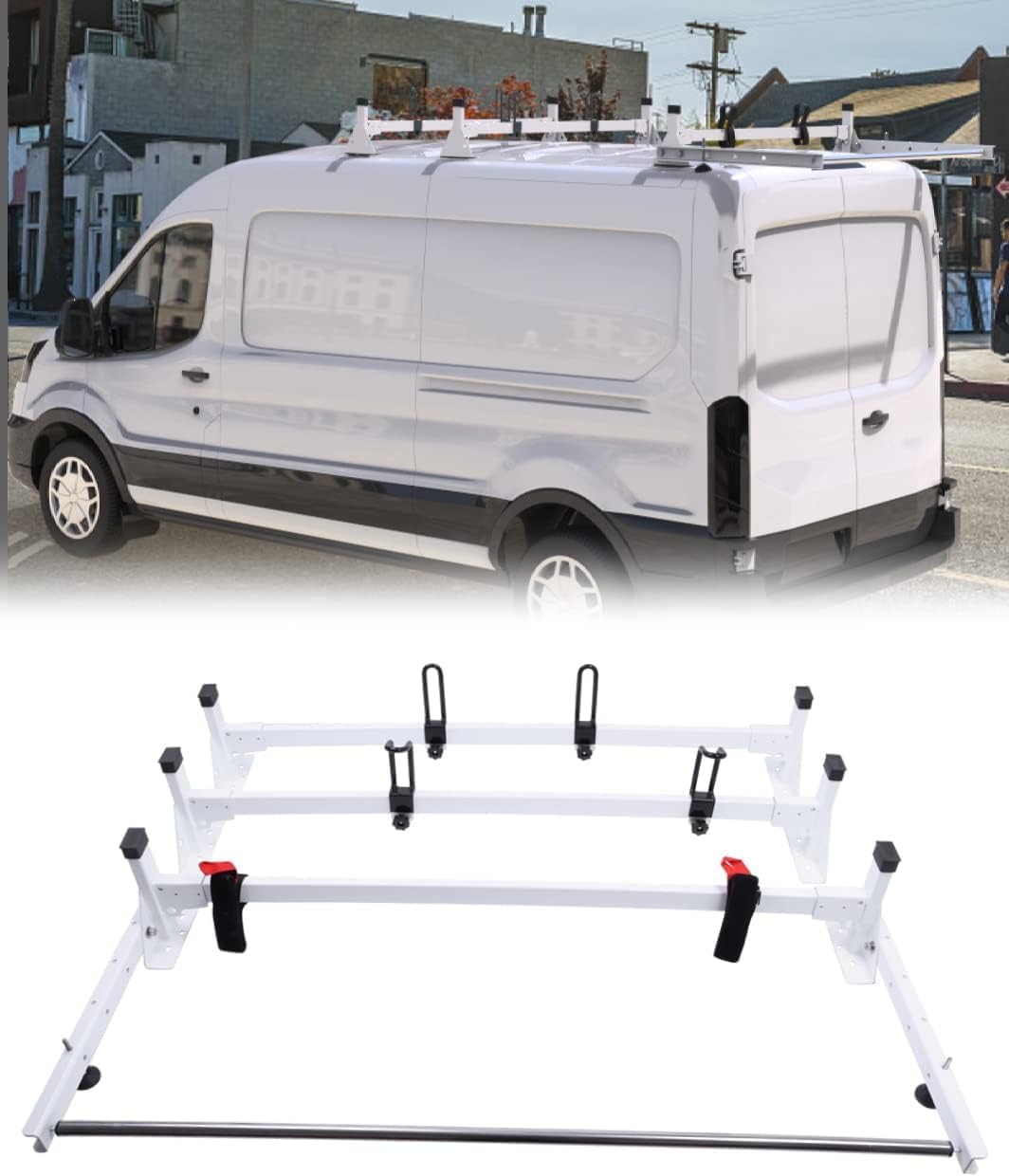 Vanhoxcci Cargo Van Roof Ladder Rack Fit for 2015-2023 Ford Transit 150 250 350 with Rear Cargo Roller 750LB Steel White