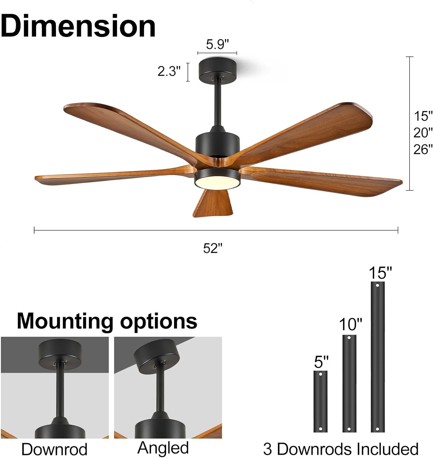 BOOSANT 52' Modern Ceiling Fan with Lights and Remote Control, 5 Solid Wood Blades 6-Speed Noiseless Reversible DC Motor, Ceiling Fan for Bedroom, Living Room-Yellow Walnut