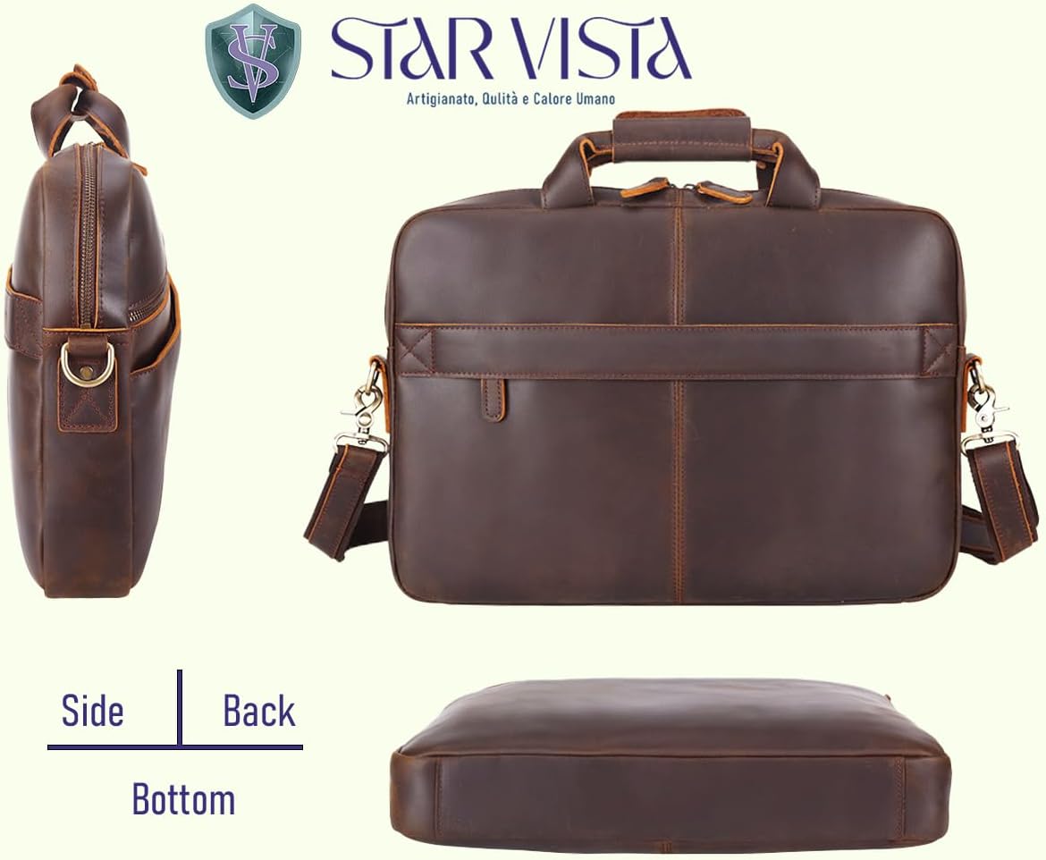 STAR VISTA Tortona 17 inches Laptop Messenger Bag, Full Grain Leather Briefcase for Men, Women, Business Travel, YKK Zippers and Brass Hardware