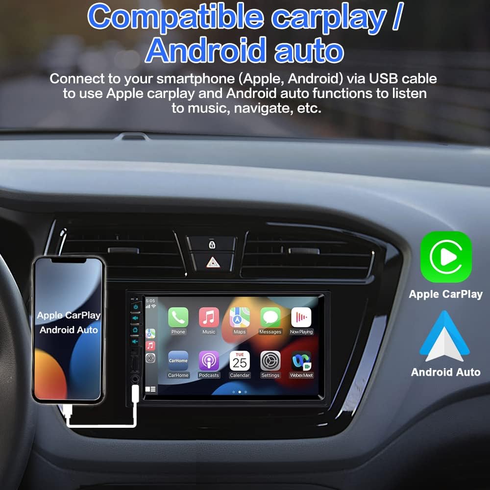 7 inch Double Din Car Stereo for Carplay & Android Auto with Voice Control,Bluetooth5.2 MirrorLink, Car Radio with Waterproof Backup Camera,Subwoofer,Touch Screen SWC/USB/SD AM/FM/AUX