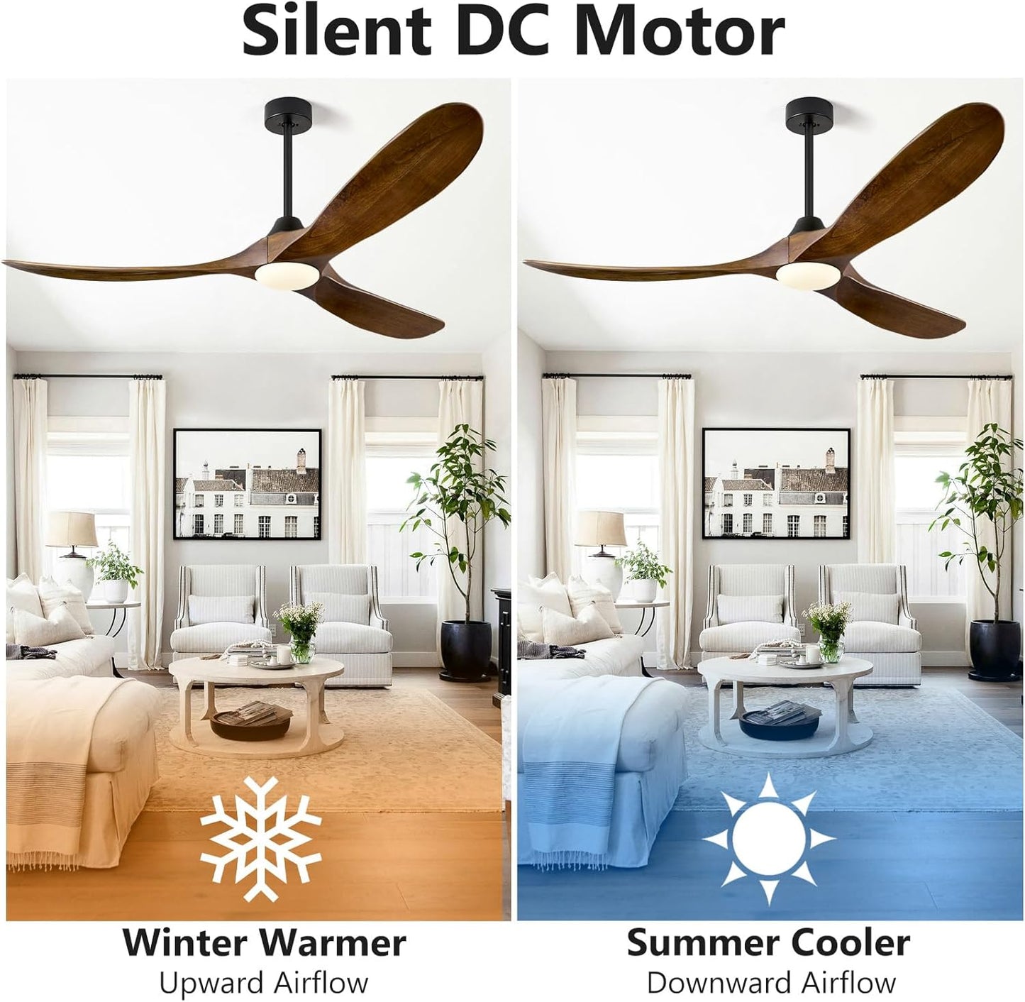 ABZ Ceiling Fans with Lights - 60 inch Propeller Ceiling Fan with Remote Control, 3 Blades Walnut Solid Wood Ceiling Fan for Indoor Outdoor Patio