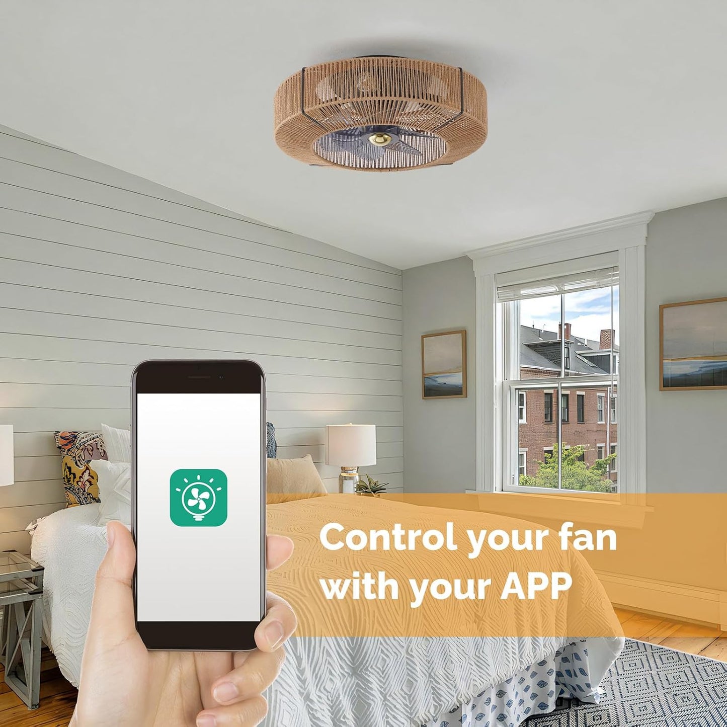 Orison 20 Low Profile Bladeless Ceiling Fans with Lights, Rattan Flush Mount Ceiling Fans with Lights and Remote Control, Enclos