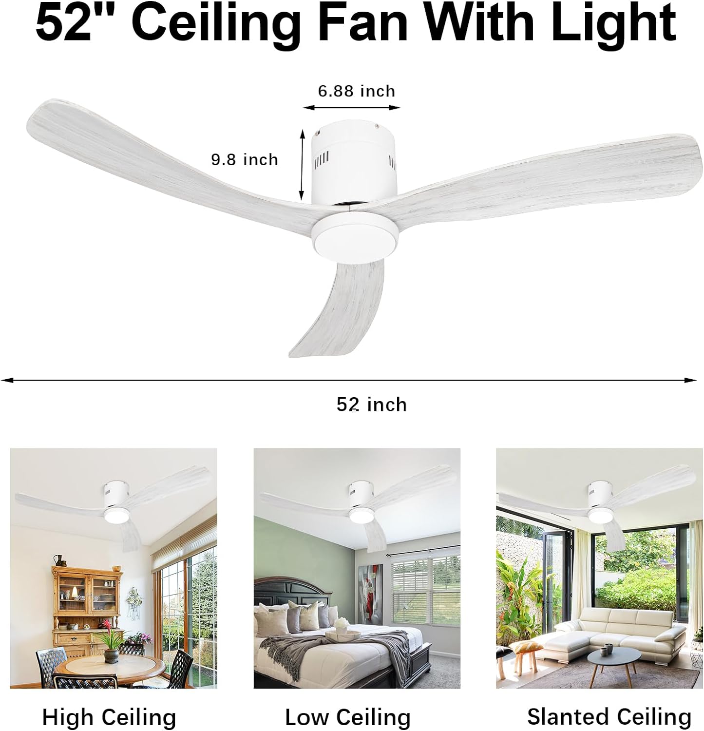 revoici Flush Mount Ceiling Fan With Light Remote Solid Wood 3Blade 52in 6Speeds Quiet DC Reversible Motor 3 Color Light 2H/4H/8H Timing Memory