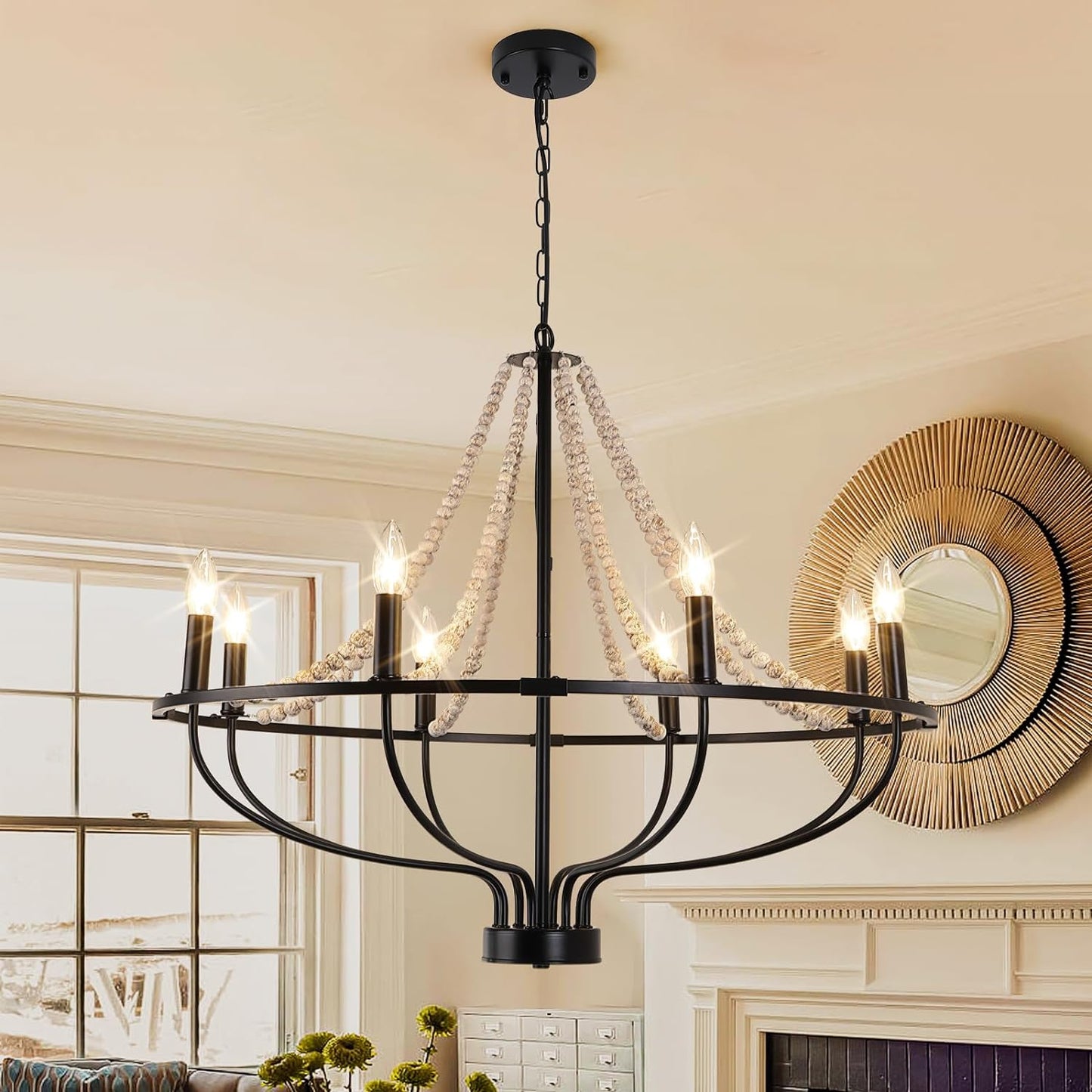 Ganeed Vintage Chandeliers,8-Light Round Wagon Wheel Chandelier with Wood Beaded,Black Farmhouse Pendant Light, Adjustable Height Hanging Light for