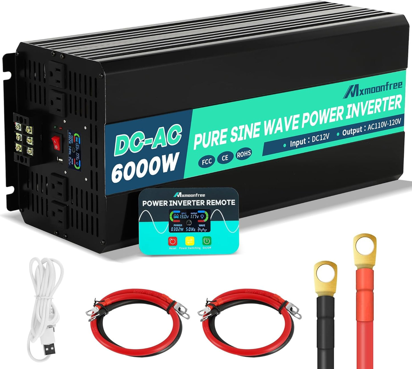 Mxmoonfree 6000W Pure Sine Wave Inverter 12V DC to 110V AC with Wireless Remote Control LCD Display 4 AC Outlets, 1 USB and Terminal Blocks for RV