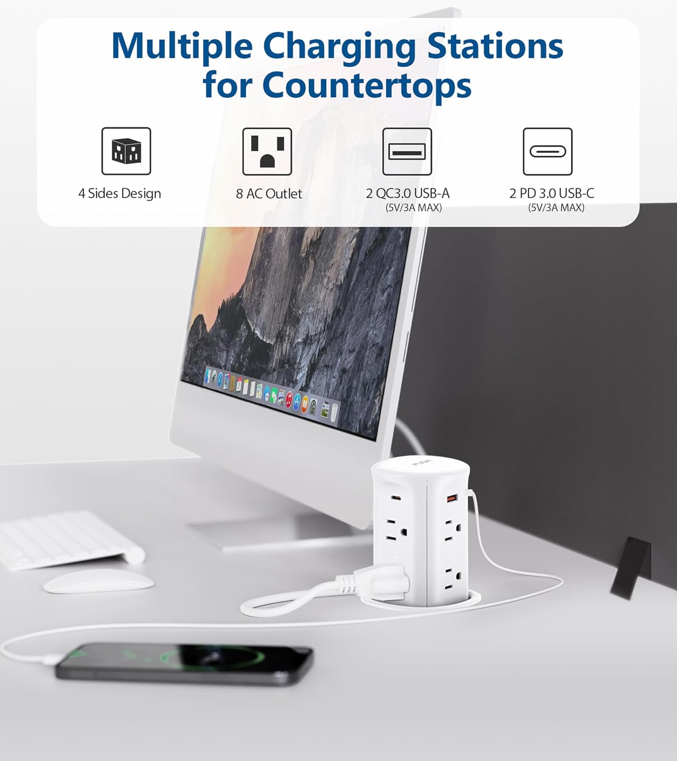 Pop up Outlet for Countertop,3-1/8 inch Hole Desktop Power Grommet, 8 Outlets 4 USB Ports,15Amp Tamper Resistant Receptacle Desk Wire Hole Insert,