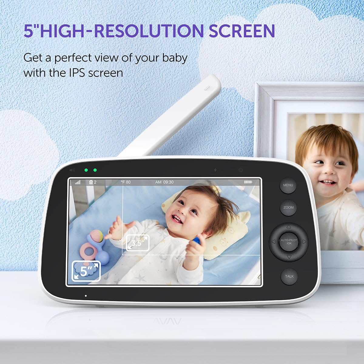 Hipp Baby Monitor, 5' 720P Video Baby Monitor with Pan-Tilt-Zoom Camera, Audio and Visual Monitoring, Infrared Night Vision and Thermal Monitor2-Way