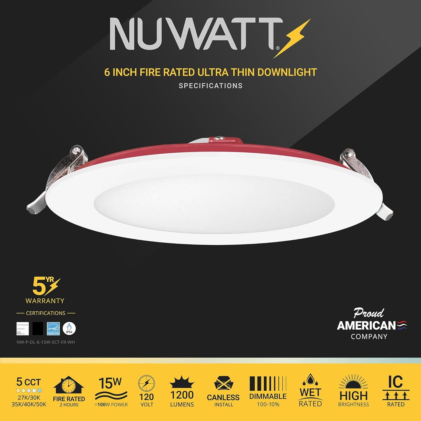 NUWATT 12 Pack, 6 Inch 2 Hour FIRE Rated Ultra-Thin LED Recessed Light, 2700K/3000K/3500K/4000K/5000K Selectable,