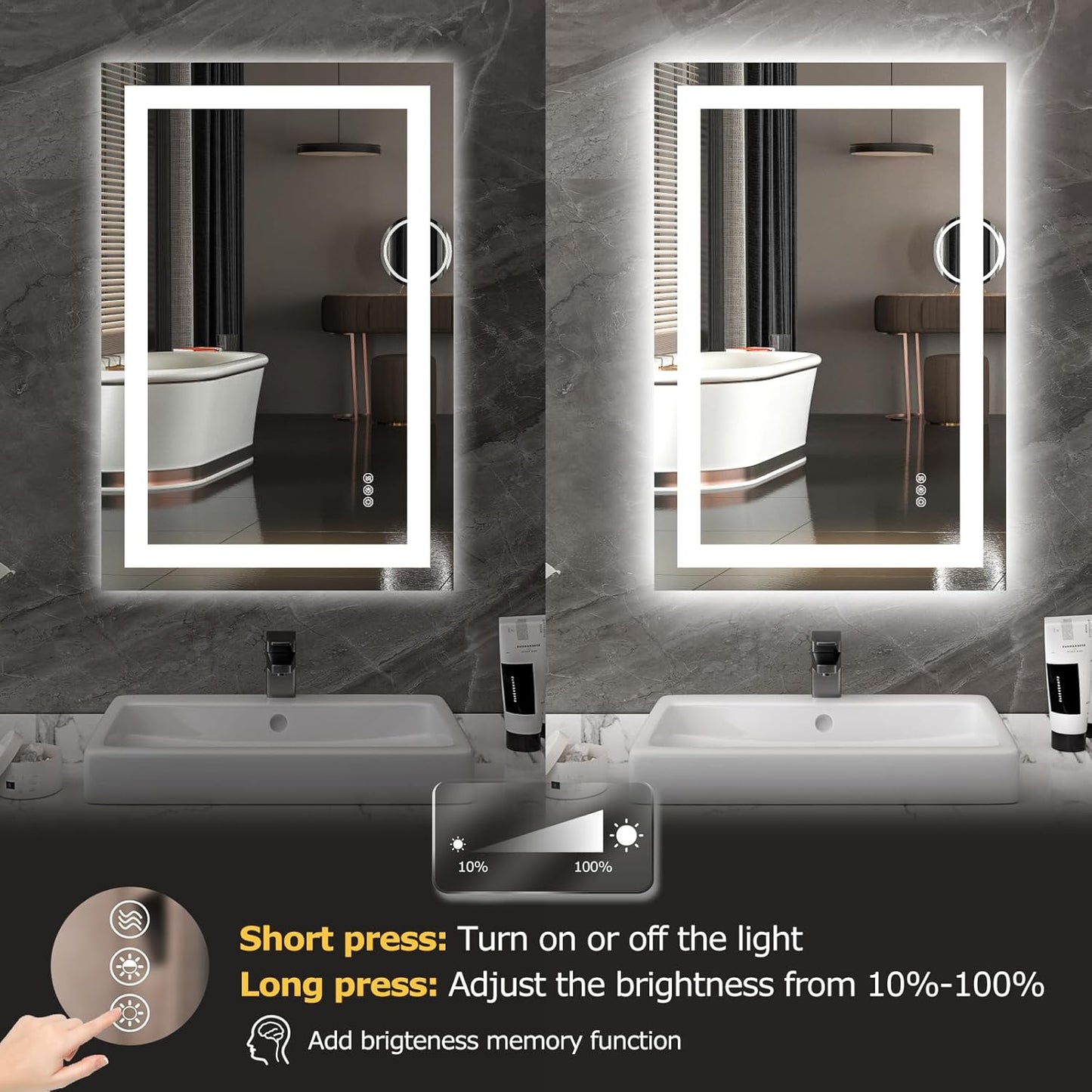 Hivone LED Bathroom Mirror with Lights 24&#34;x 36&#34; Wall Vanity LED Mirror Stepless Dimmable,Double Front and Backlight,Anti-Fog,Memory Smart