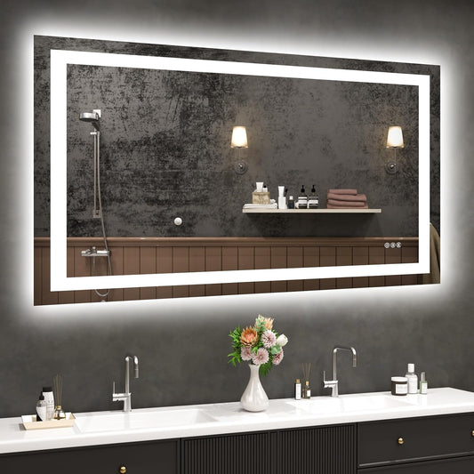 LED Bathroom Mirror with Lights 48'x 32' Wall Vanity LED Mirror Stepless Dimmable,Double Front and Backlight