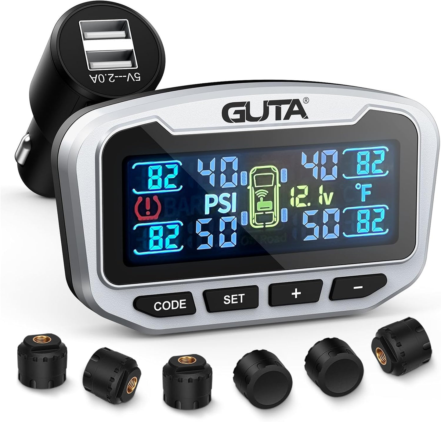 GUTA RV Tire Pressure Monitoring System, Trailer TPMS, 6 Sensors, 6 Alert Modes, Long Range Signal, CLA Charging & 2 USB-A Outputs, Adjustable LCD