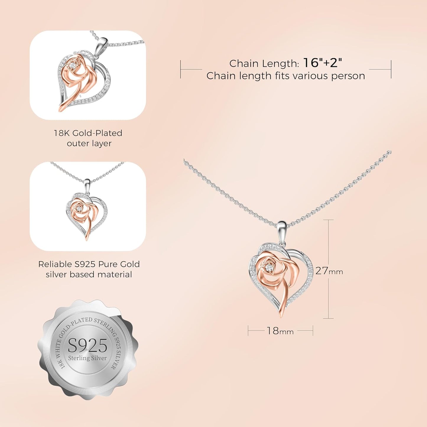 Rose Heart Silver Necklace for women.Lead and Nickel FREE Sterling Silver Womens Jewelry Necklaces For Teen Girls, Mothers Day Necklace, Friendship