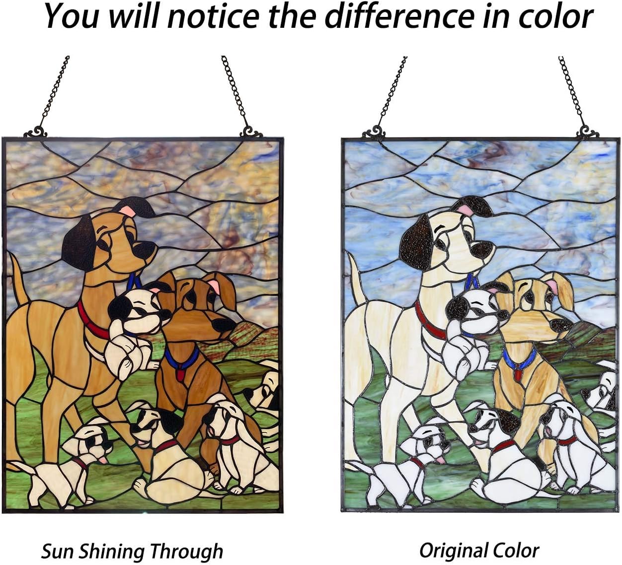 Bieye W10068 Dogs Puppies Tiffany Style Stained Glass Window Panel Hangings with Chain, 18' L x 24' H