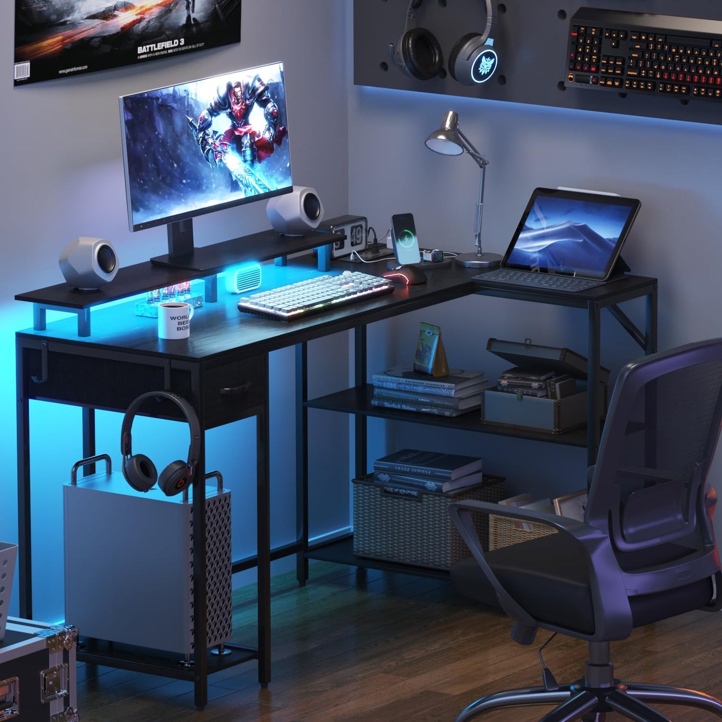 Eivanet L Shaped Game Desk with Power Socket & LED Light, Computer Desk with Hook & Monitor Bracket, Home Office Desk with Drawer and Storage Rack,