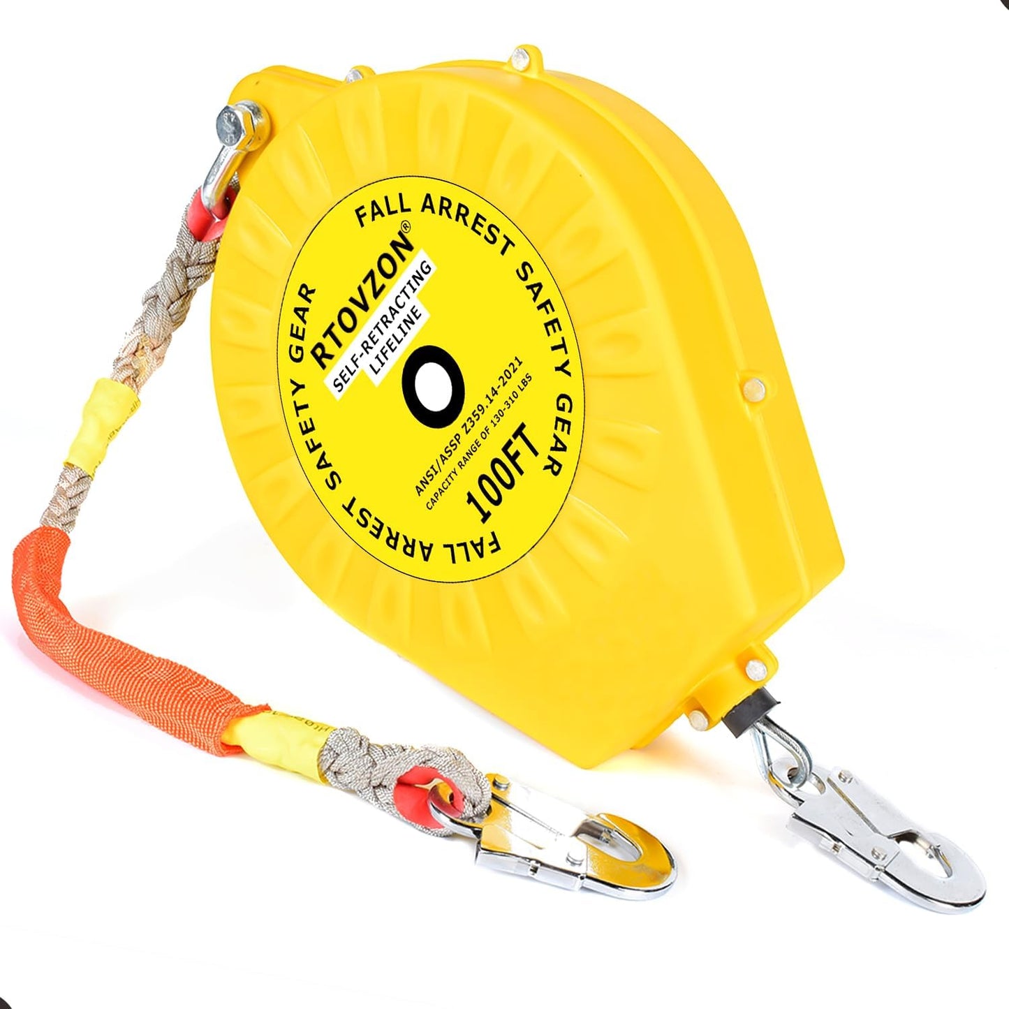 100FT Self Retracting Lifeline 310LBS Fall Arrest Fall Protection Dual Alloy Steel Hook Steel Wire Rope Heavy Duty Re