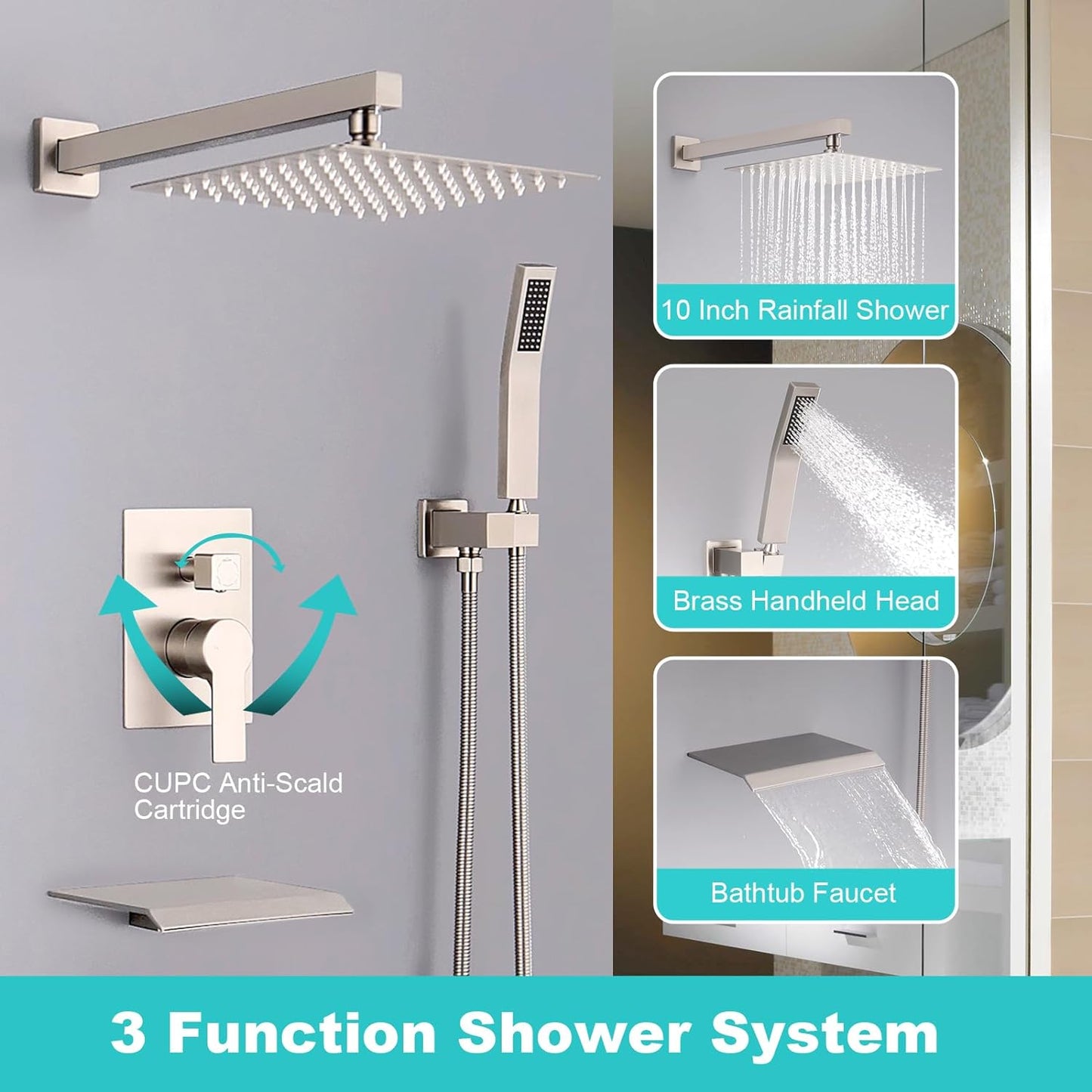 Shower Faucet Set - LEPO Bathroom 10 Inch Rain Mixer Shower Combo Set with High Pressure Rain Shower Head and Handheld Shower Spray, Wall Mount Tub