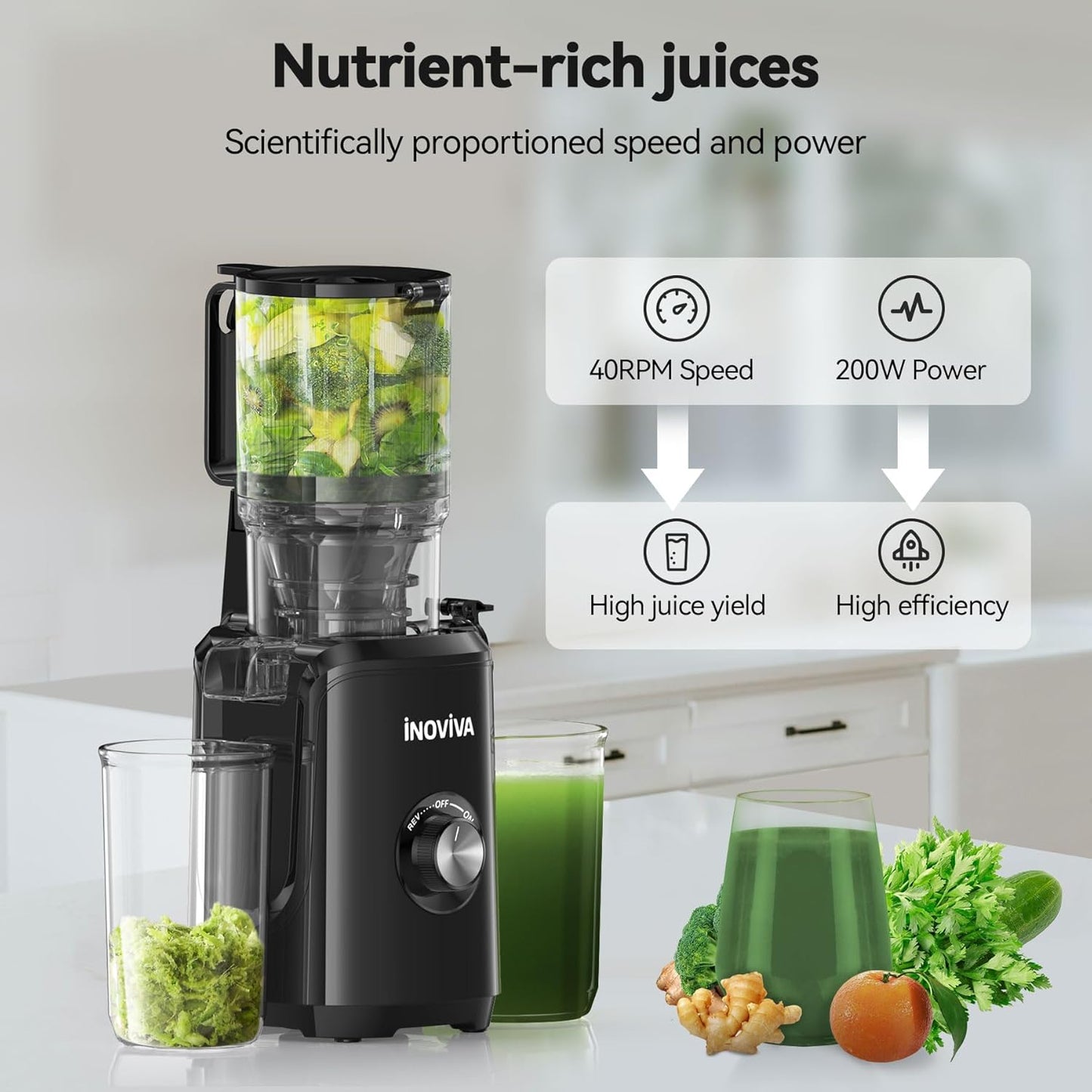 Cold Press Juicer, Juicer Machines with 1.5L Extra Large Feed Chute for Whole Vegetables & Fruits, Slow Masticating Juicer High Juice Yield, Self