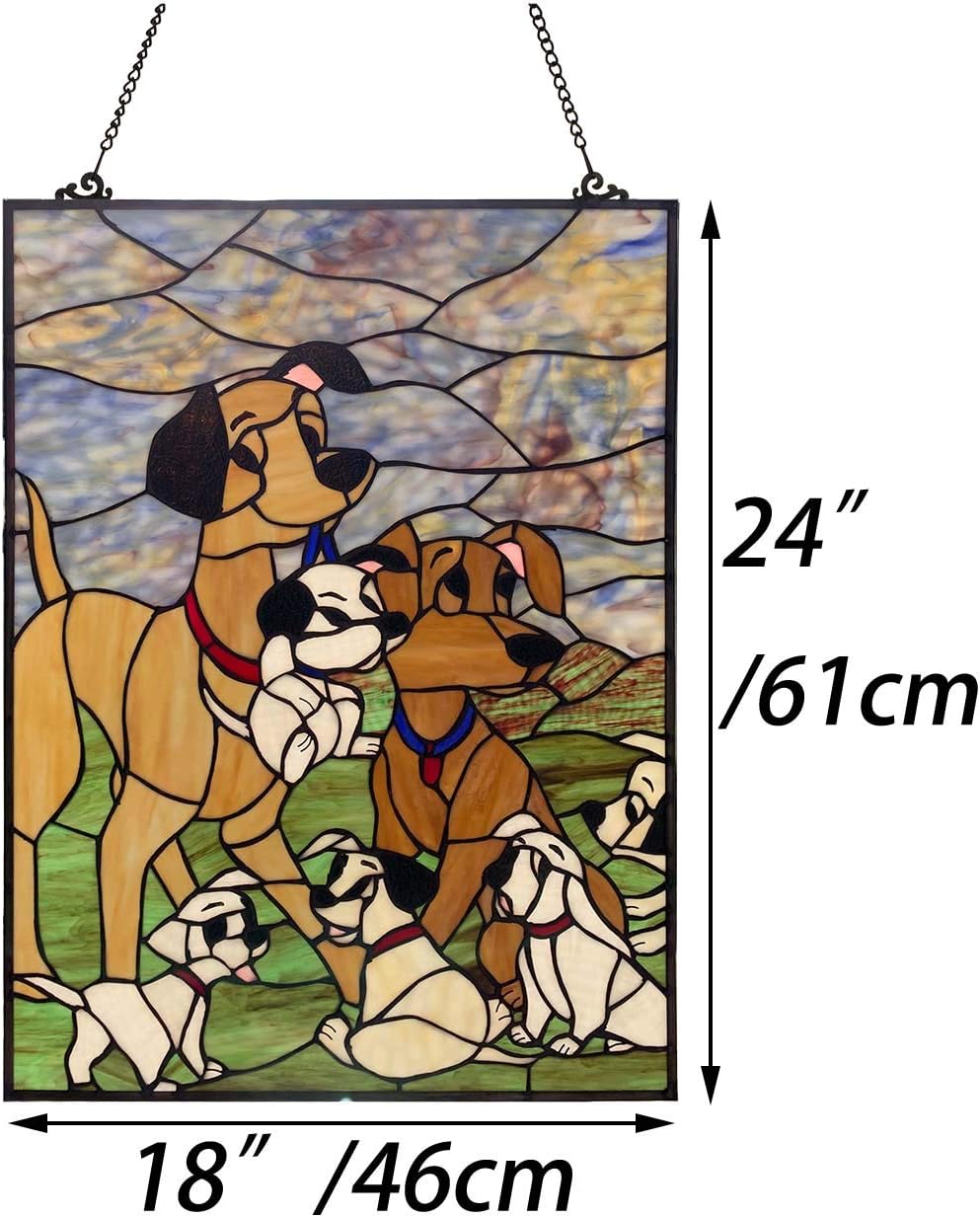 Bieye W10068 Dogs Puppies Tiffany Style Stained Glass Window Panel Hangings with Chain, 18' L x 24' H