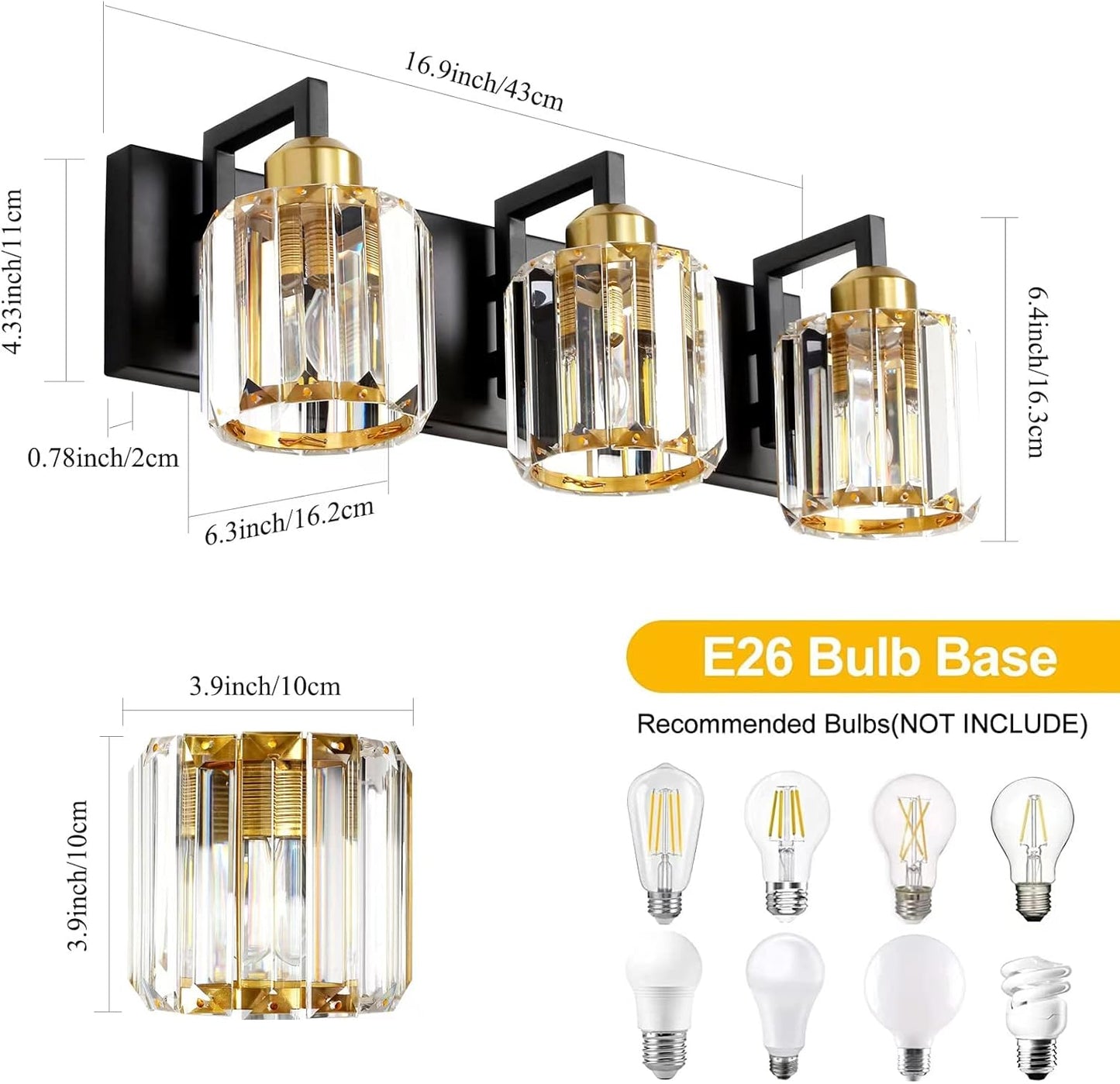 Bathroom Vanity Light Fixtures, Modern Crystal 3 Light Vanity Light Black Gold Bathroom Light Fixtures Crystal Bathroom Lights Over Mirror Sconces