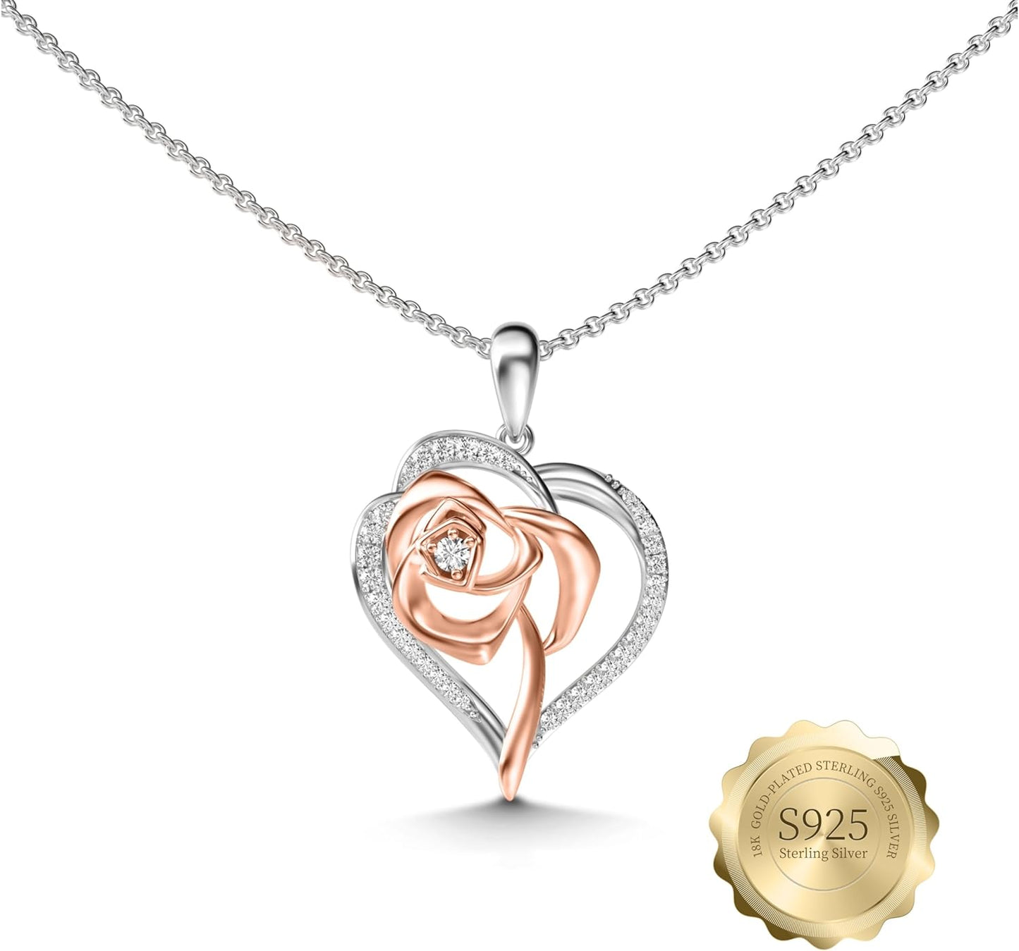 Rose Heart Silver Necklace for women.Lead and Nickel FREE Sterling Silver Womens Jewelry Necklaces For Teen Girls, Mothers Day Necklace, Friendship