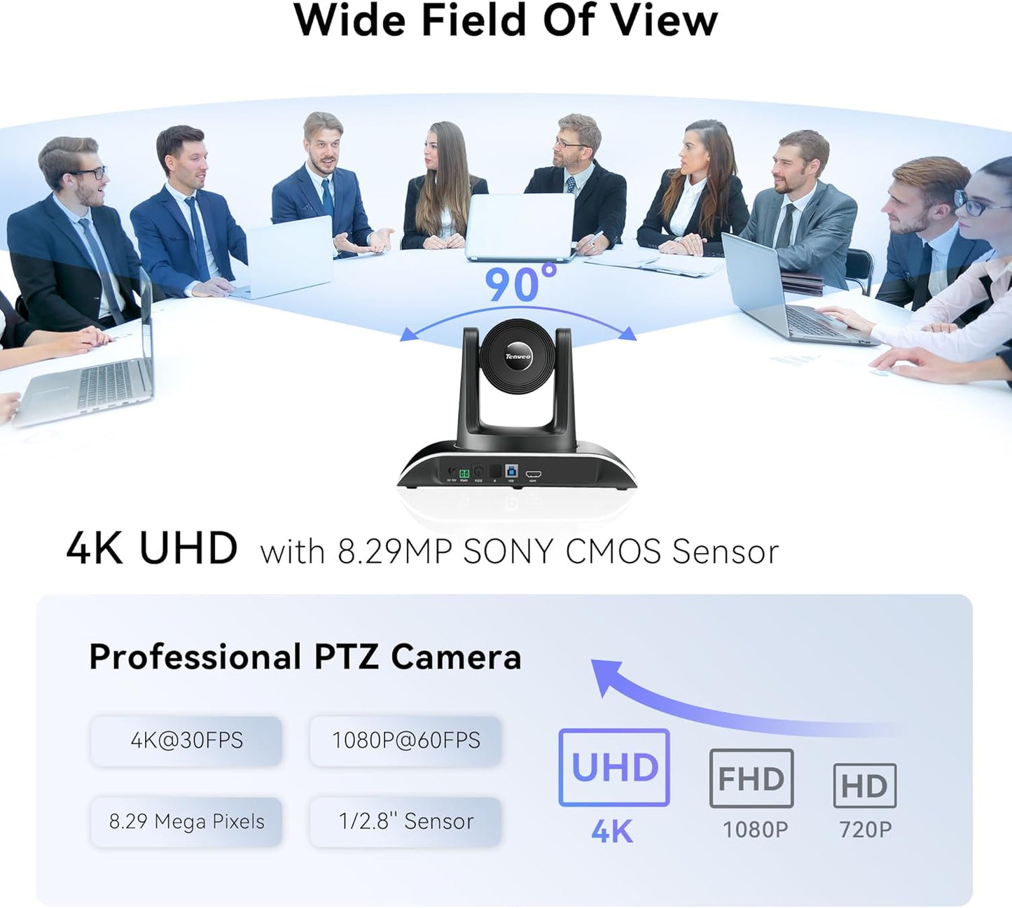 Tenveo USB PTZ Conference Camera 3X Optical Zoom USB Camera with Remote Control, for Meeting Conference Live Streaming