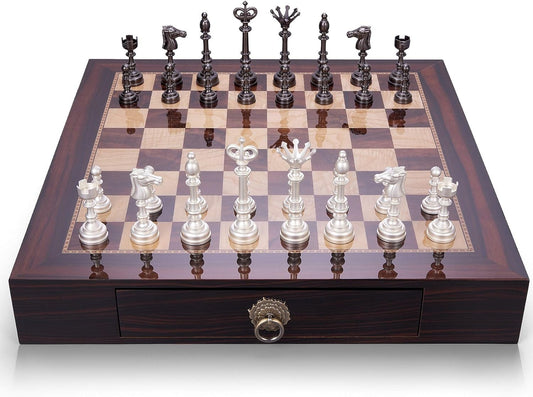 AMEROUS 19.6 Inches Wooden Chess Set with Metal Chess Pieces- 4.5'' King - 2 Built-in Storage Drawers - Gift Packaging,Tournament Chess Board Games