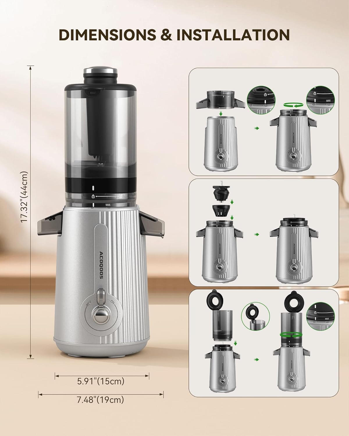 Machines, Juicers Whole Fruit and Vegetable with 4.3' Feeding Chute, Easy to Clean Cold Press Juicer with 2 Cups, Masticating Juicer Silvery (No