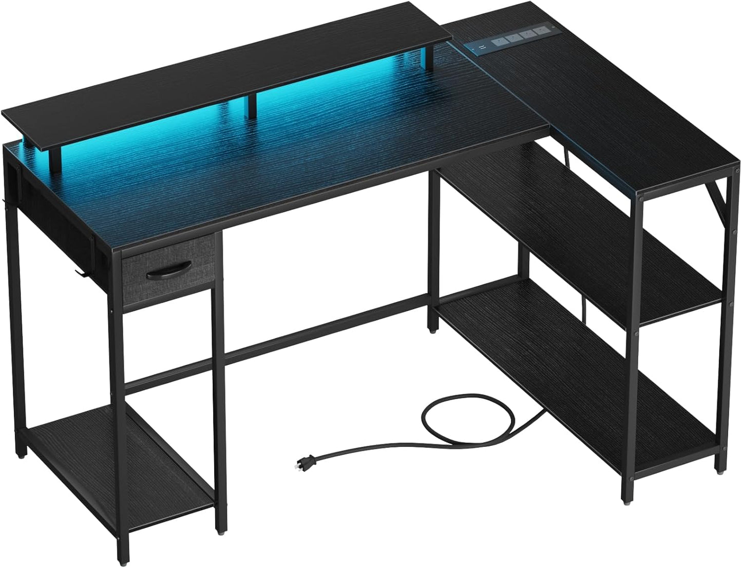 Eivanet L Shaped Game Desk with Power Socket & LED Light, Computer Desk with Hook & Monitor Bracket, Home Office Desk with Drawer and Storage Rack,