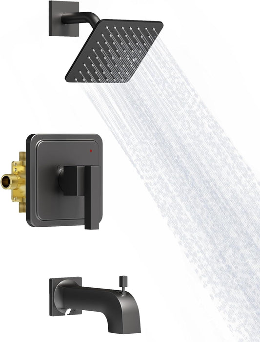 Gabrylly Shower Faucet Set, Bathtub Faucet with 6&#34; Rain Black Shower Head and Handle Set, Single-Handle Tub Shower Tr