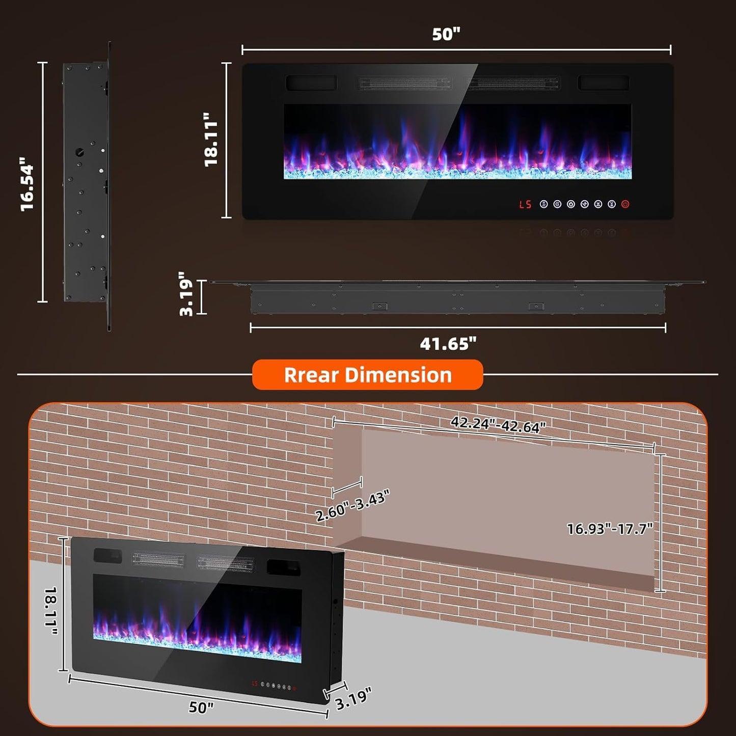 50' Recessed and Wall Mounted Fire Places Electric Fireplace with Remote