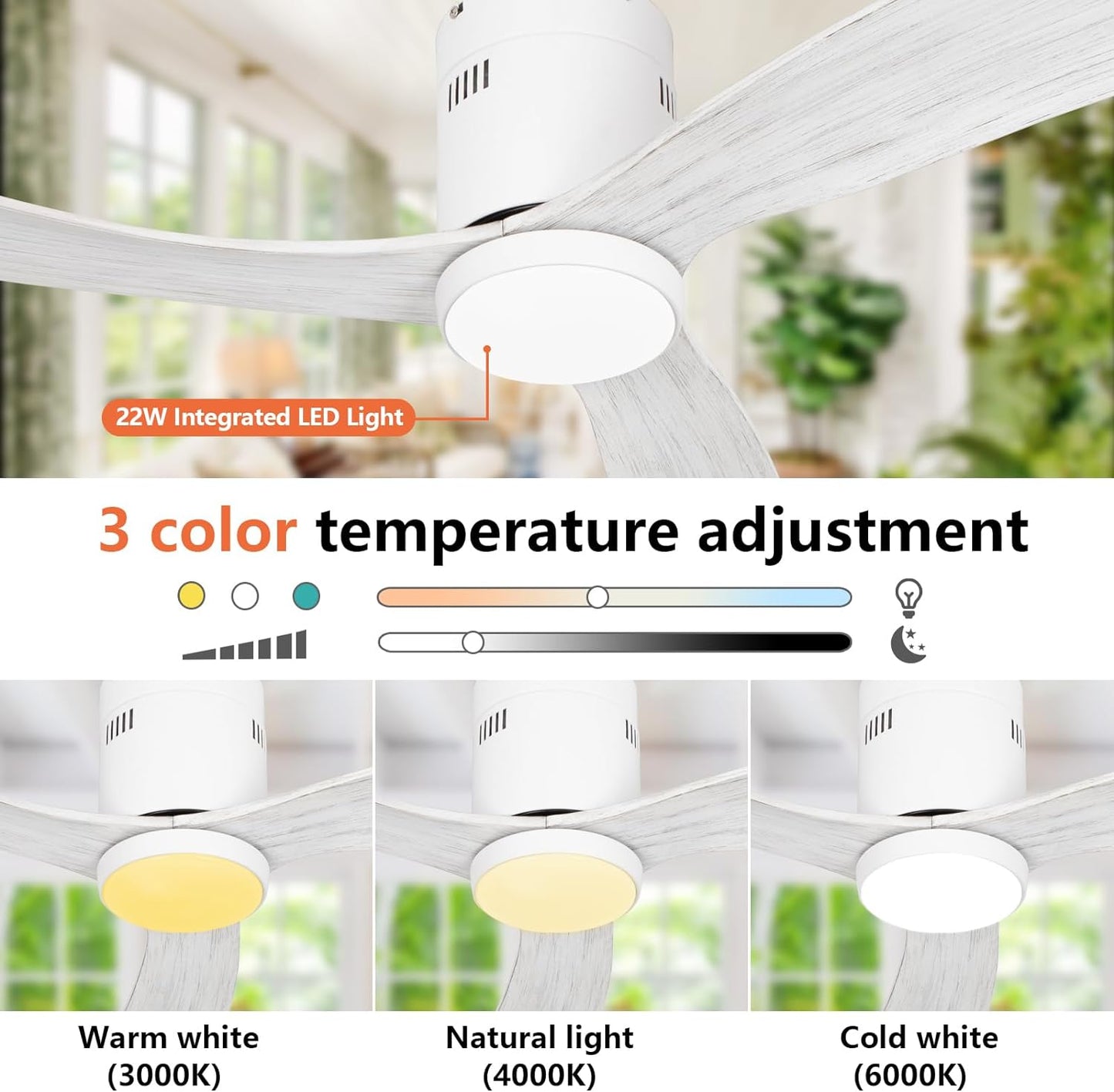 revoici Flush Mount Ceiling Fan With Light Remote Solid Wood 3Blade 52in 6Speeds Quiet DC Reversible Motor 3 Color Light 2H/4H/8H Timing Memory