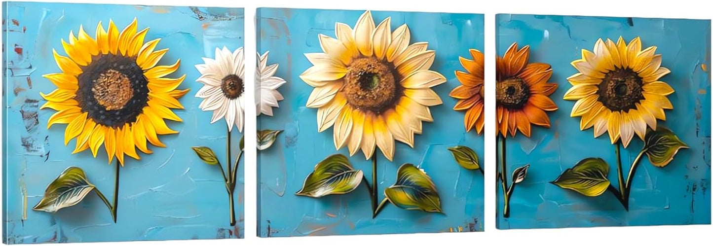 SSRTK 3 Piece Set Large Living Room Sunflower Painting Textured Wall Art Canvas Flower Wall Decor for Women&#39;s Room Modern Home Bedroom Oil