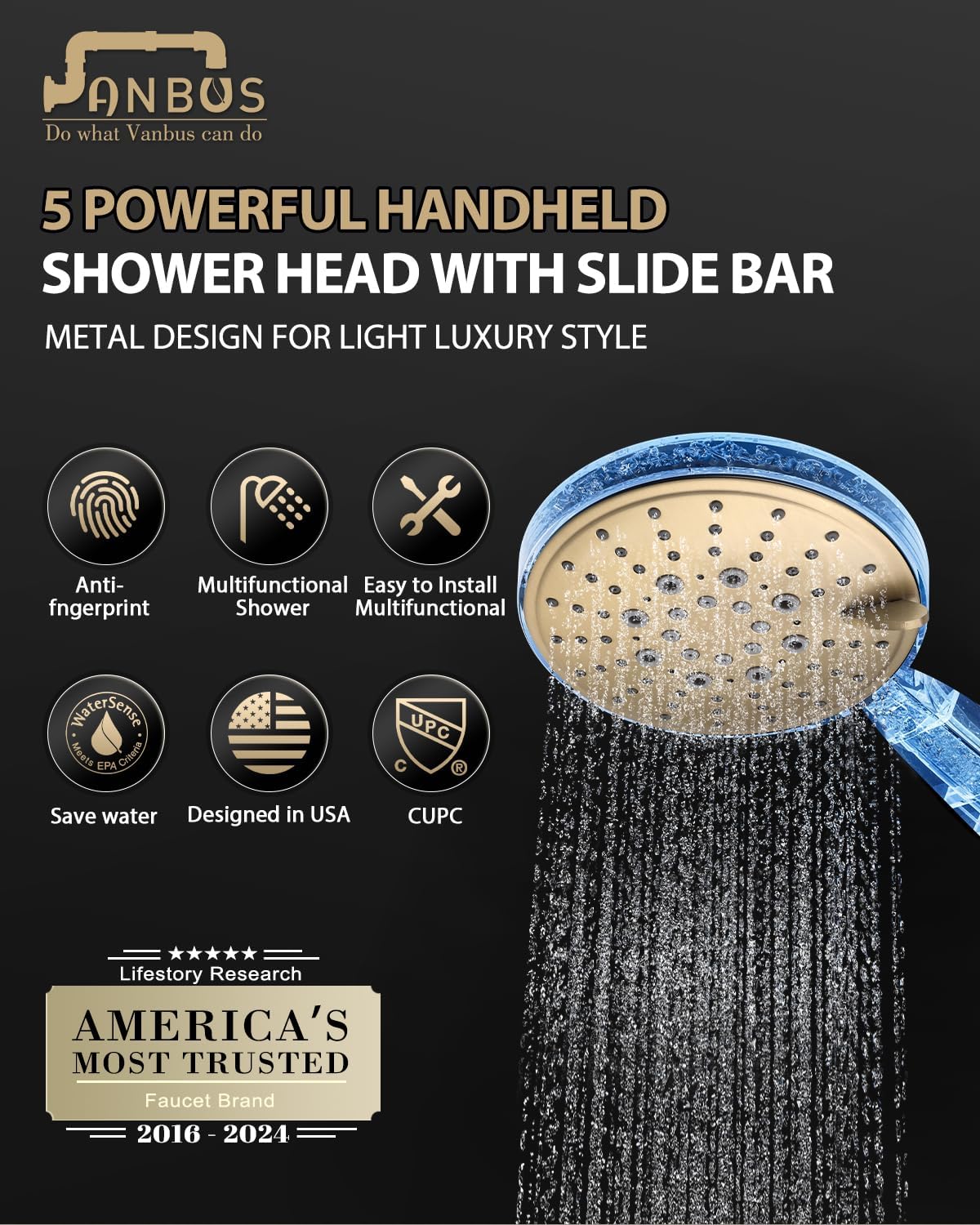 Eco-Performance Brushed Gold Handheld Shower with Adjustable 32-Inch Slide Bar and 59-Inch Hose, 5-Function Hand